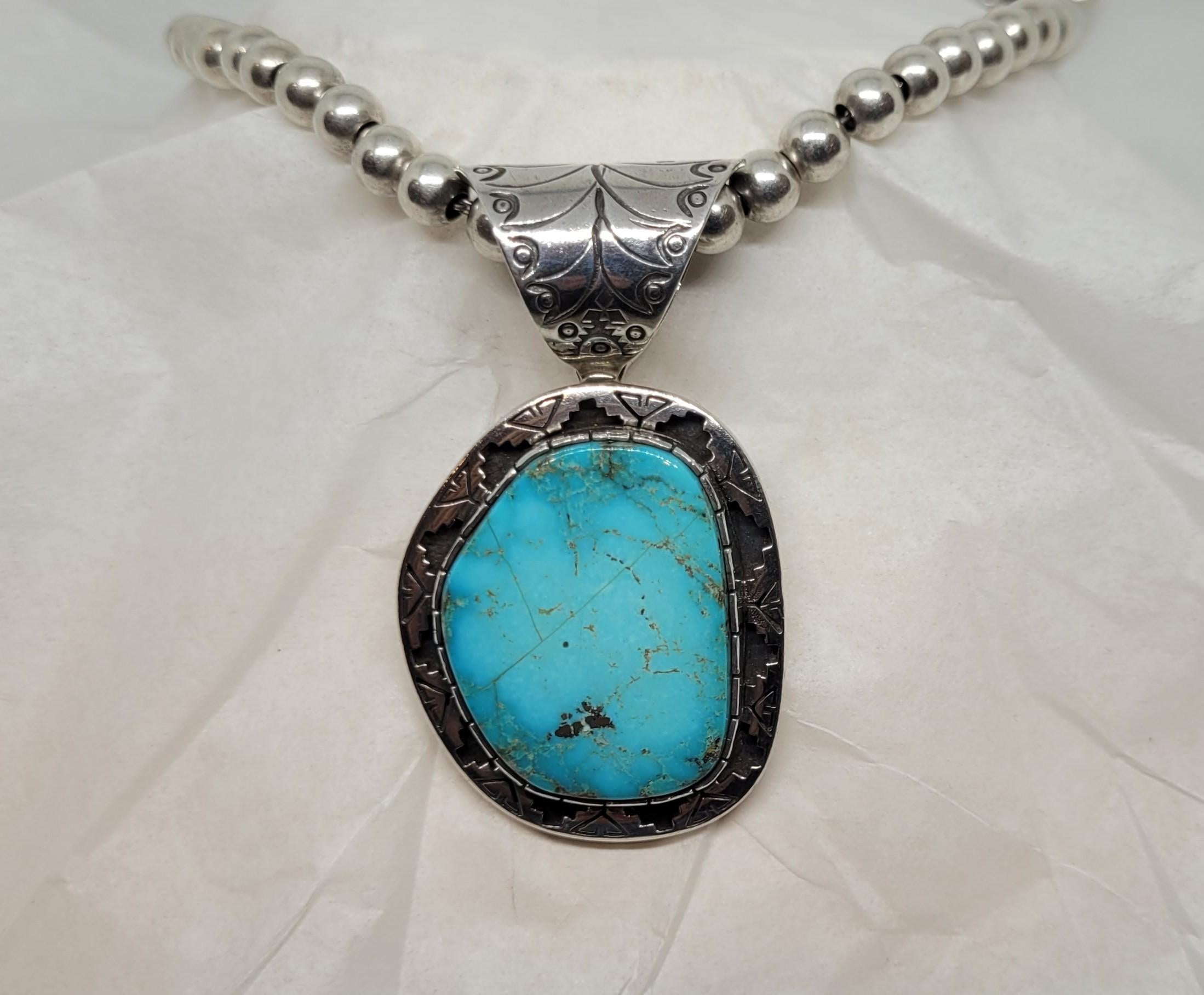 Rare Navajo American Indian Turquoise Sterling Silver Pendant with Necklace Fine In Good Condition In Rancho Santa Fe, CA