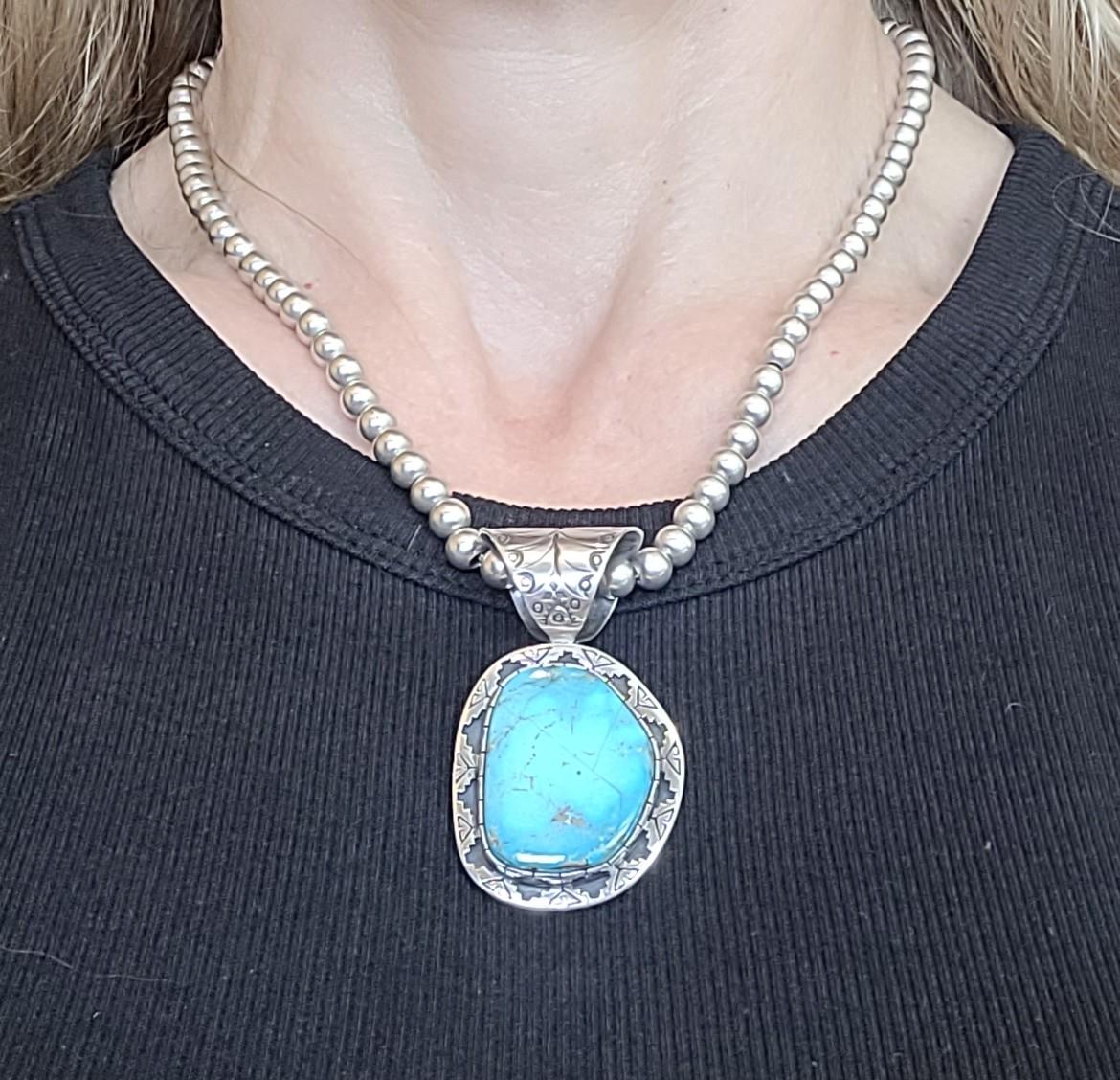 Women's or Men's Rare Navajo American Indian Turquoise Sterling Silver Pendant with Necklace Fine
