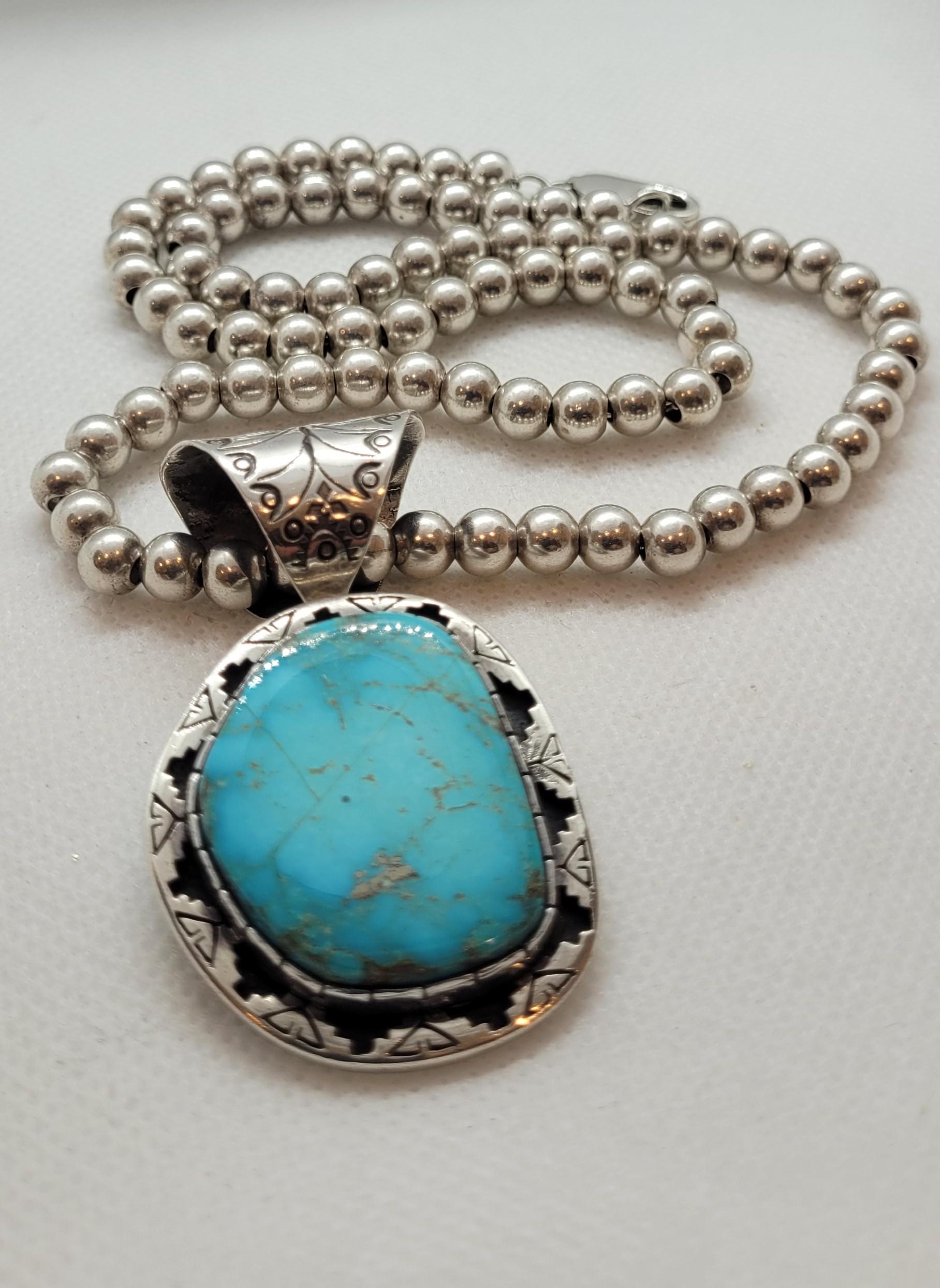Rare Navajo American Indian Turquoise Sterling Silver Pendant with Necklace Fine 1