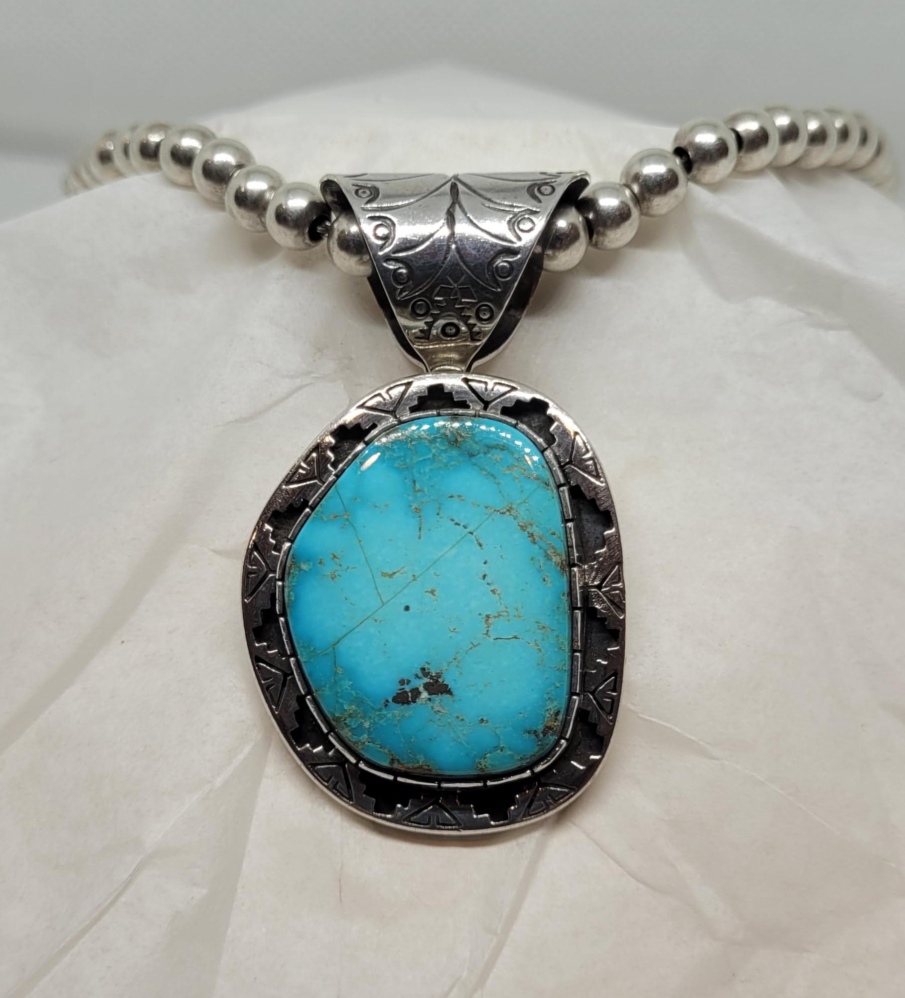 Rare Navajo American Indian Turquoise Sterling Silver Pendant with Necklace Fine 3