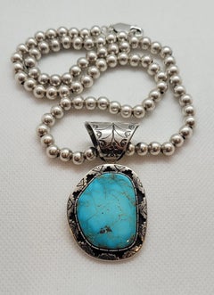 Rare Navajo American Indian Turquoise Sterling Silver Pendant with Necklace Fine