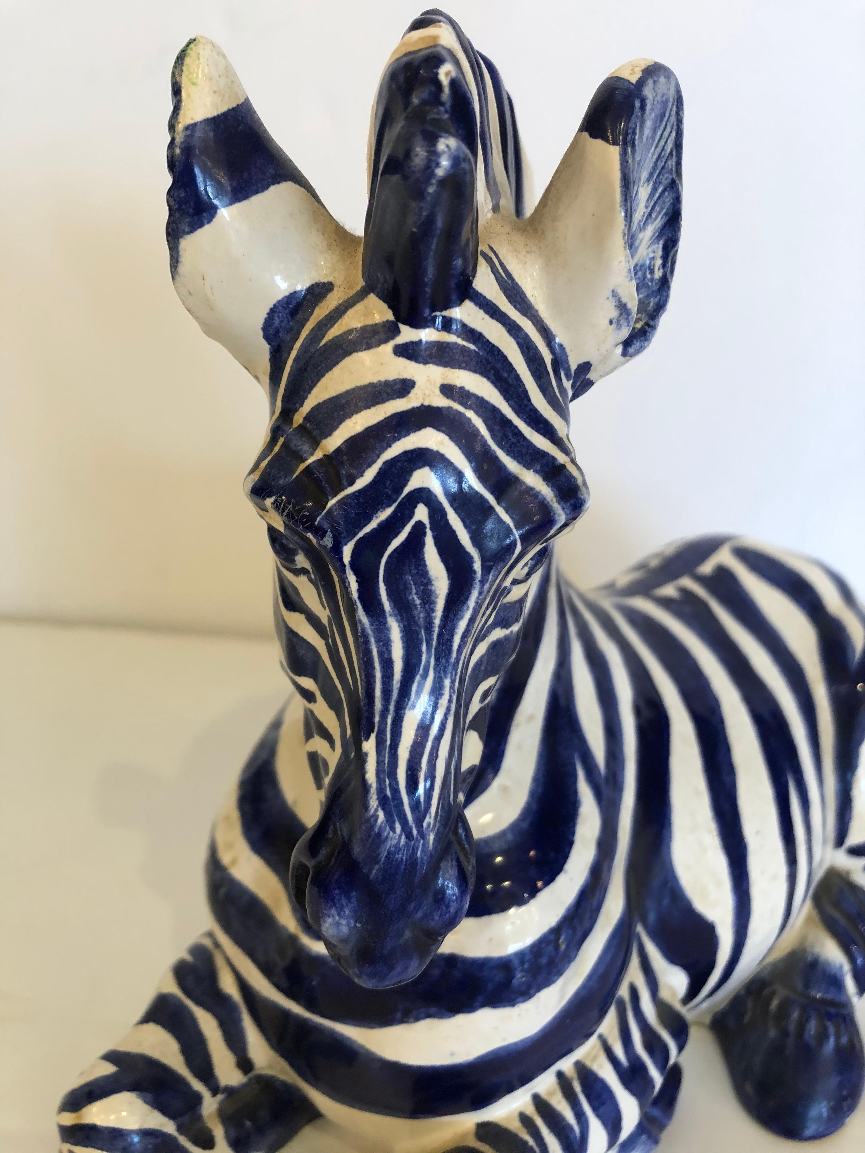 Rare Navy Blue and White Italian Ceramic Zebra Sculpture In Good Condition In Hopewell, NJ