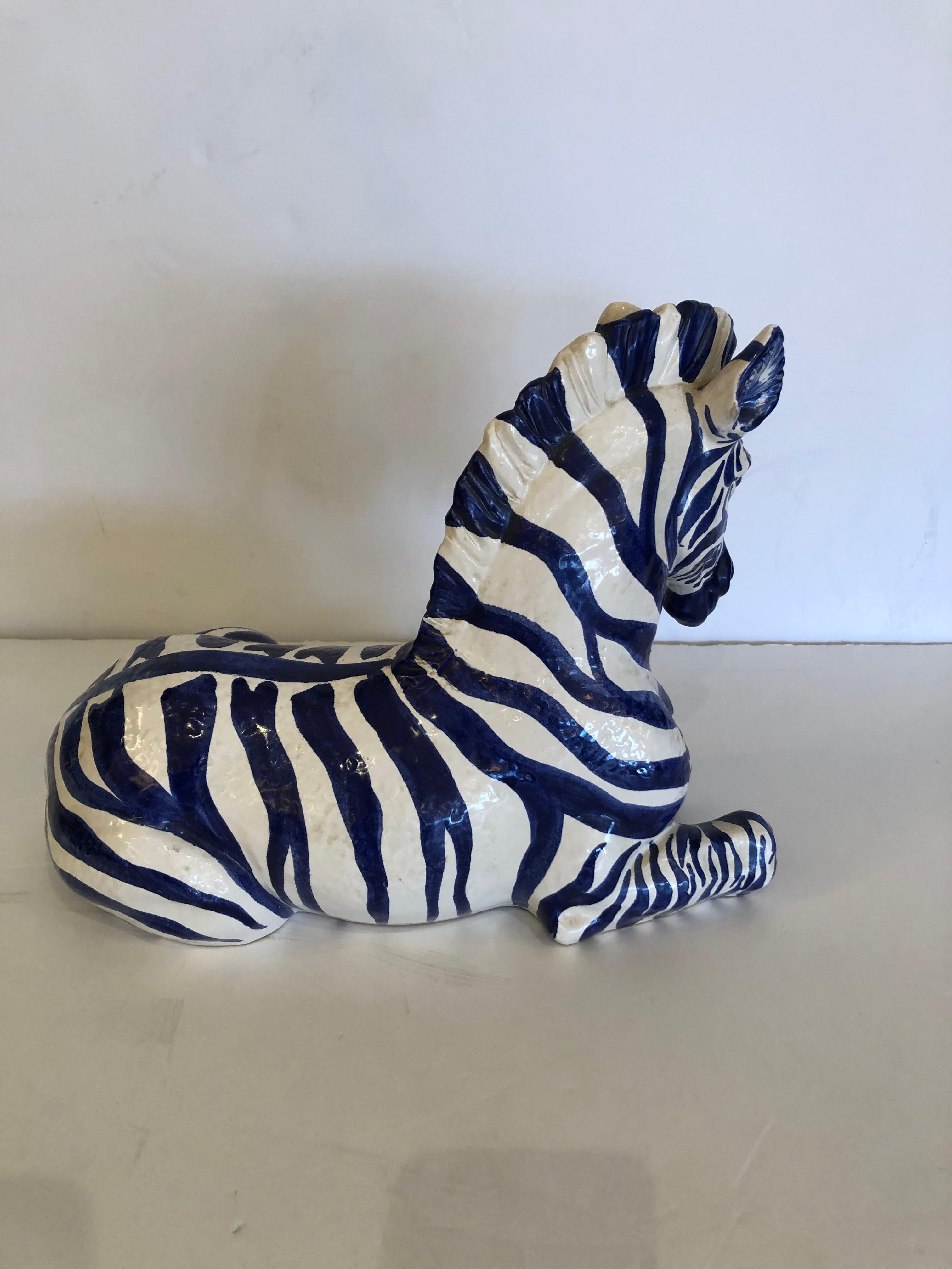 Mid-20th Century Rare Navy Blue and White Italian Ceramic Zebra Sculpture