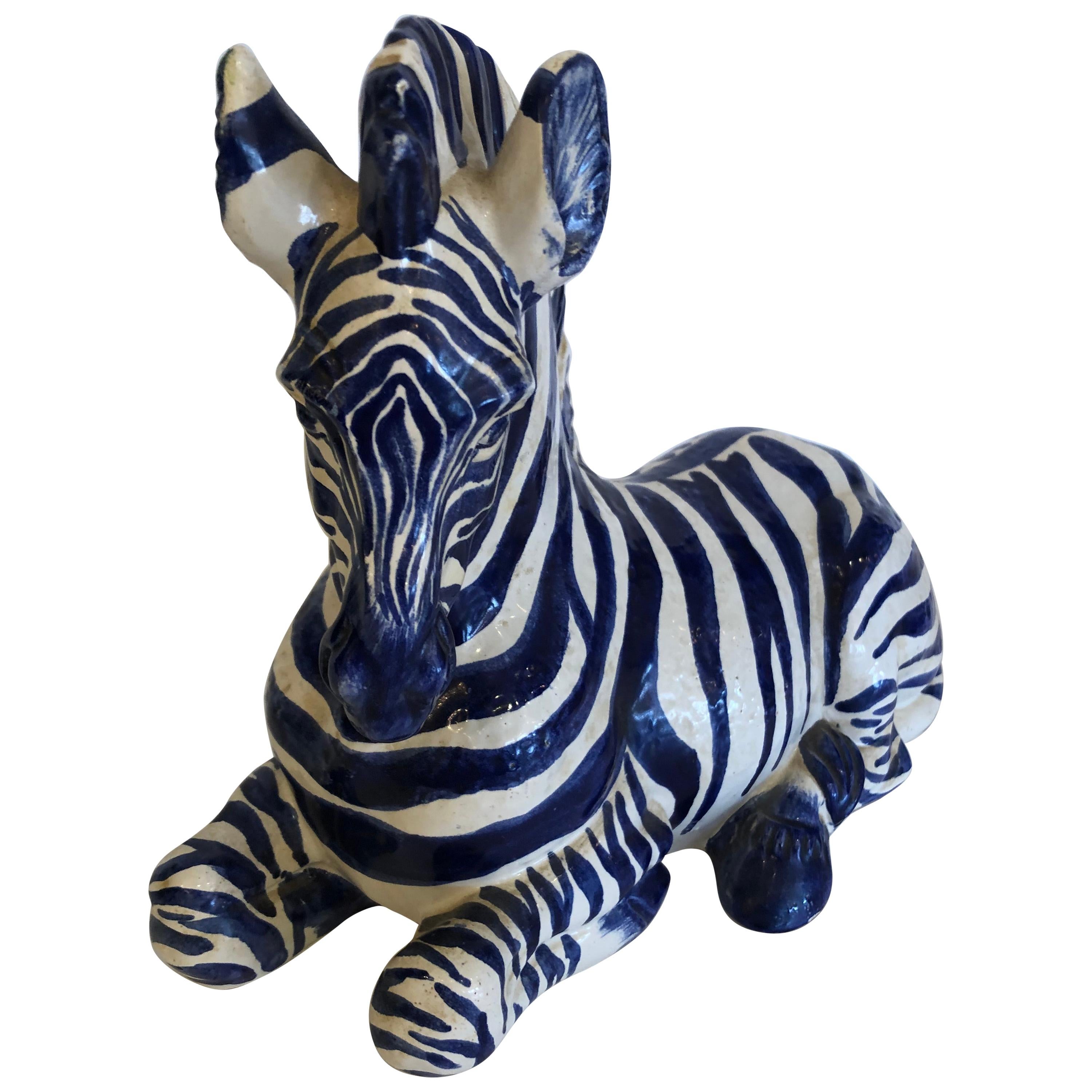 Rare Navy Blue and White Italian Ceramic Zebra Sculpture
