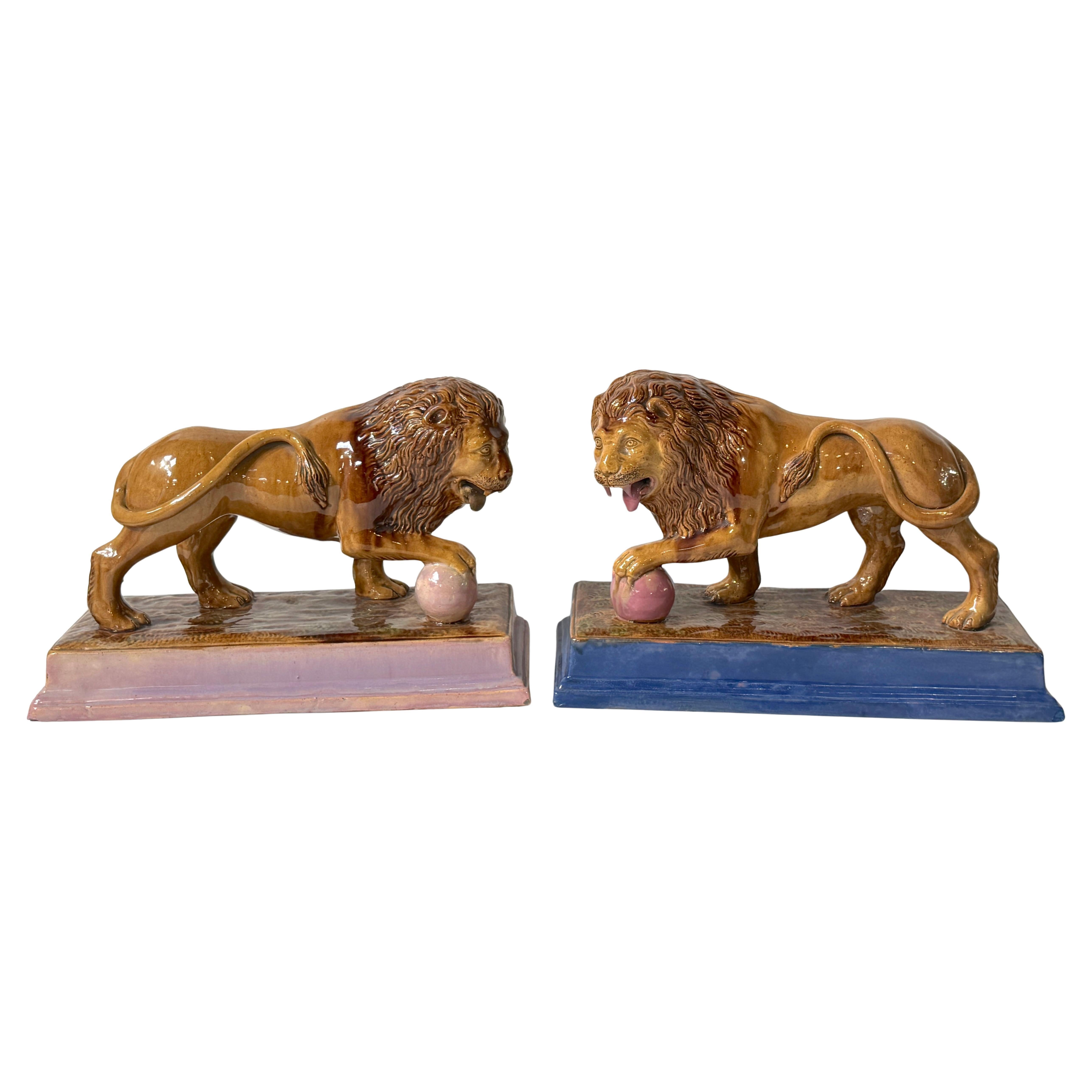 Rare Pair of Ralph Wood Staffordshire Medici Lions in Pink and Blue Bases