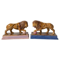 Rare Pair of Ralph Wood Staffordshire Medici Lions in Pink and Blue Bases