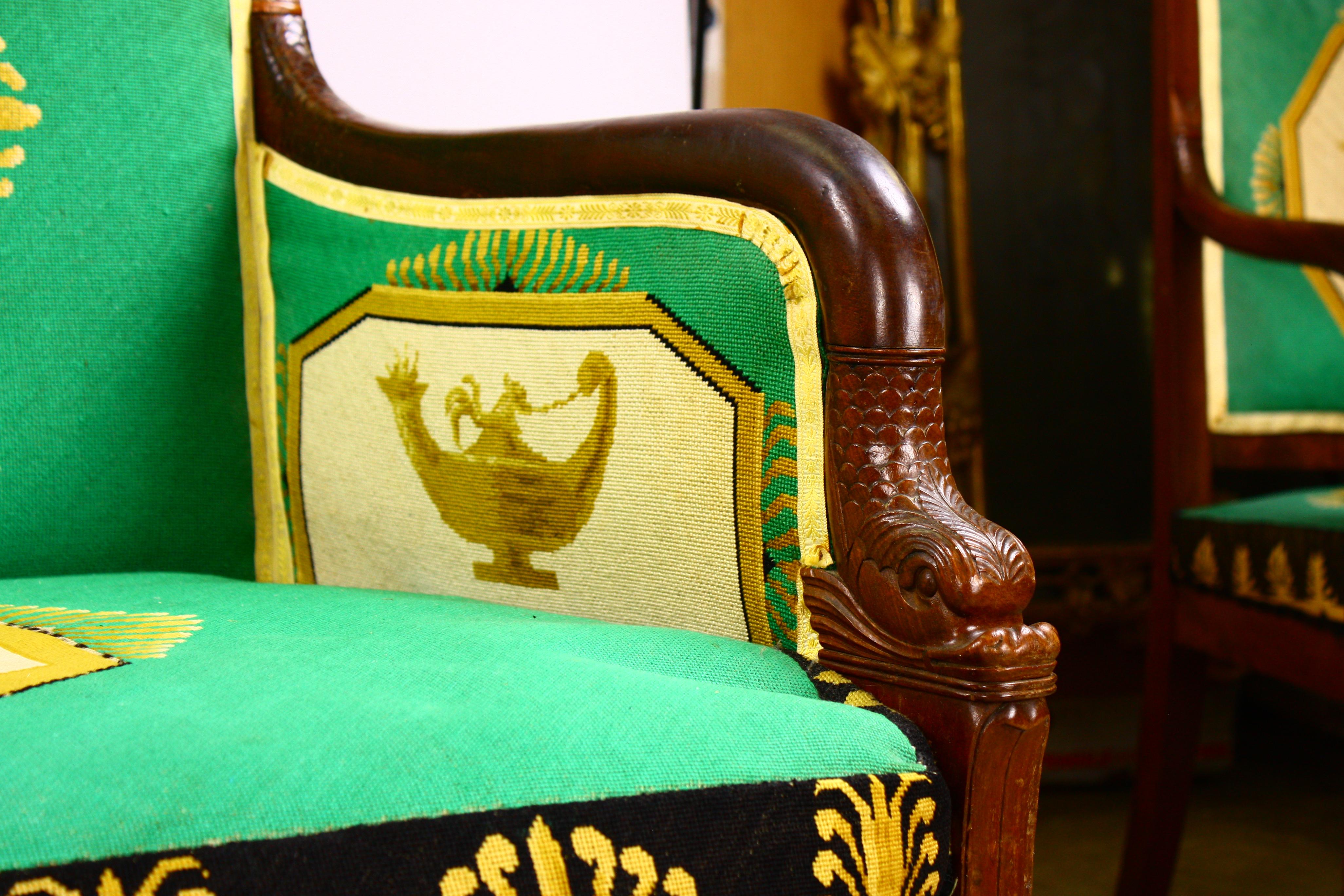 Rare Needlepoint Empire Salon (One Sofa and Two Armchairs) For Sale 8