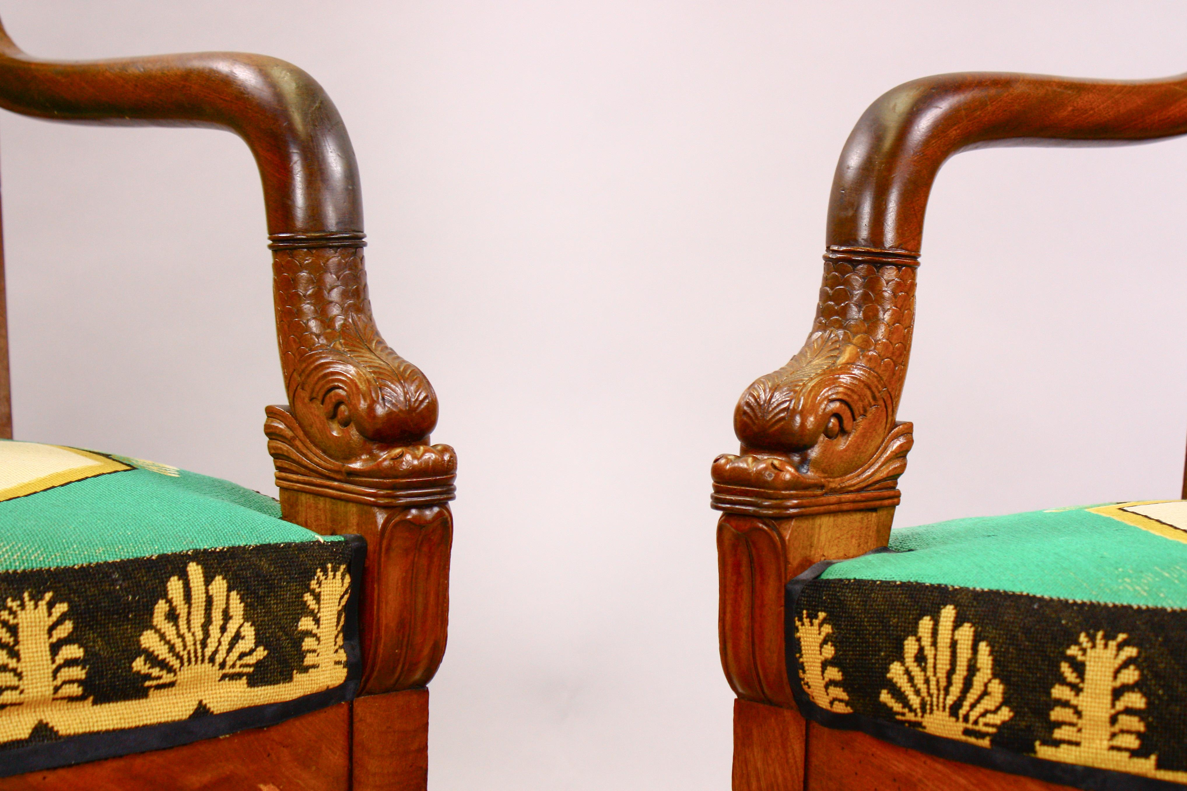 Carved Rare Needlepoint Empire Salon (One Sofa and Two Armchairs) For Sale