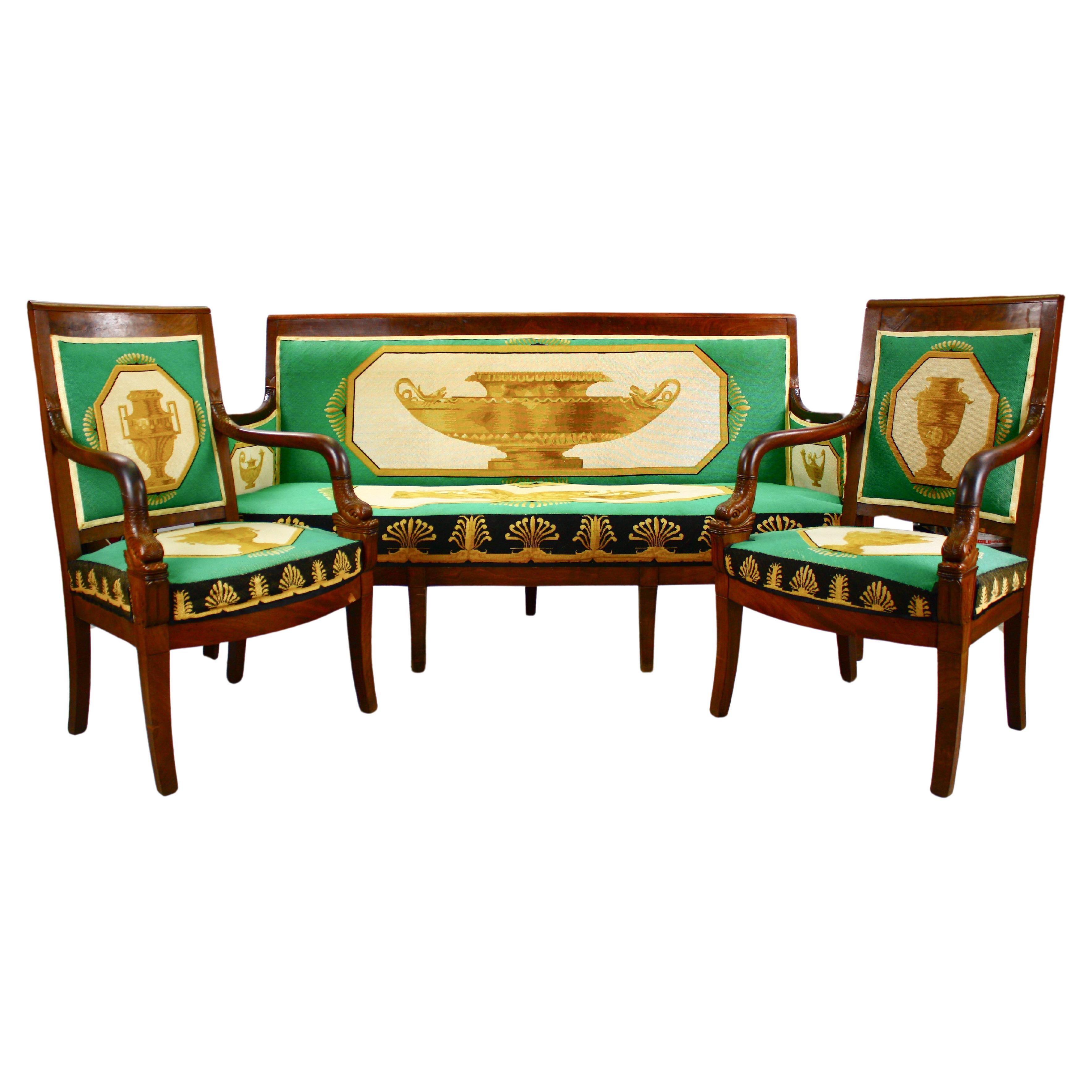Rare Needlepoint Empire Salon (One Sofa and Two Armchairs) For Sale