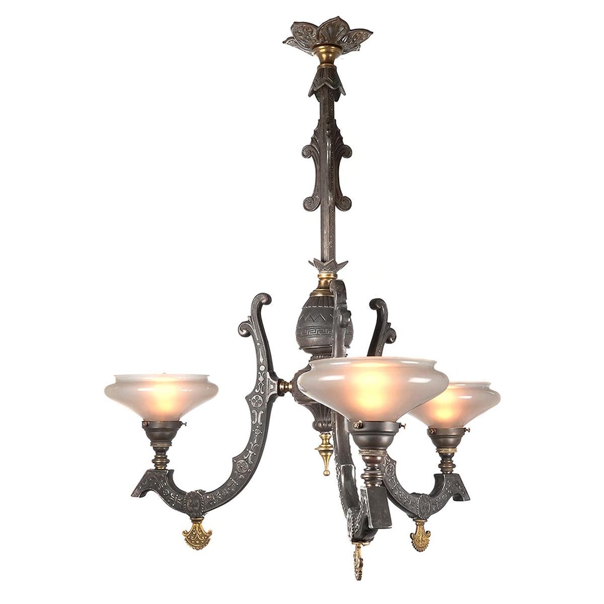 Rare Neo-Grec Gas Chandelier with Vaseline Glass Shades