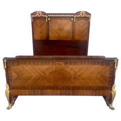 Rare Neoclassical Empire Louis Style Ormolu Bronze Inlaid Wood Queen Bed Frame