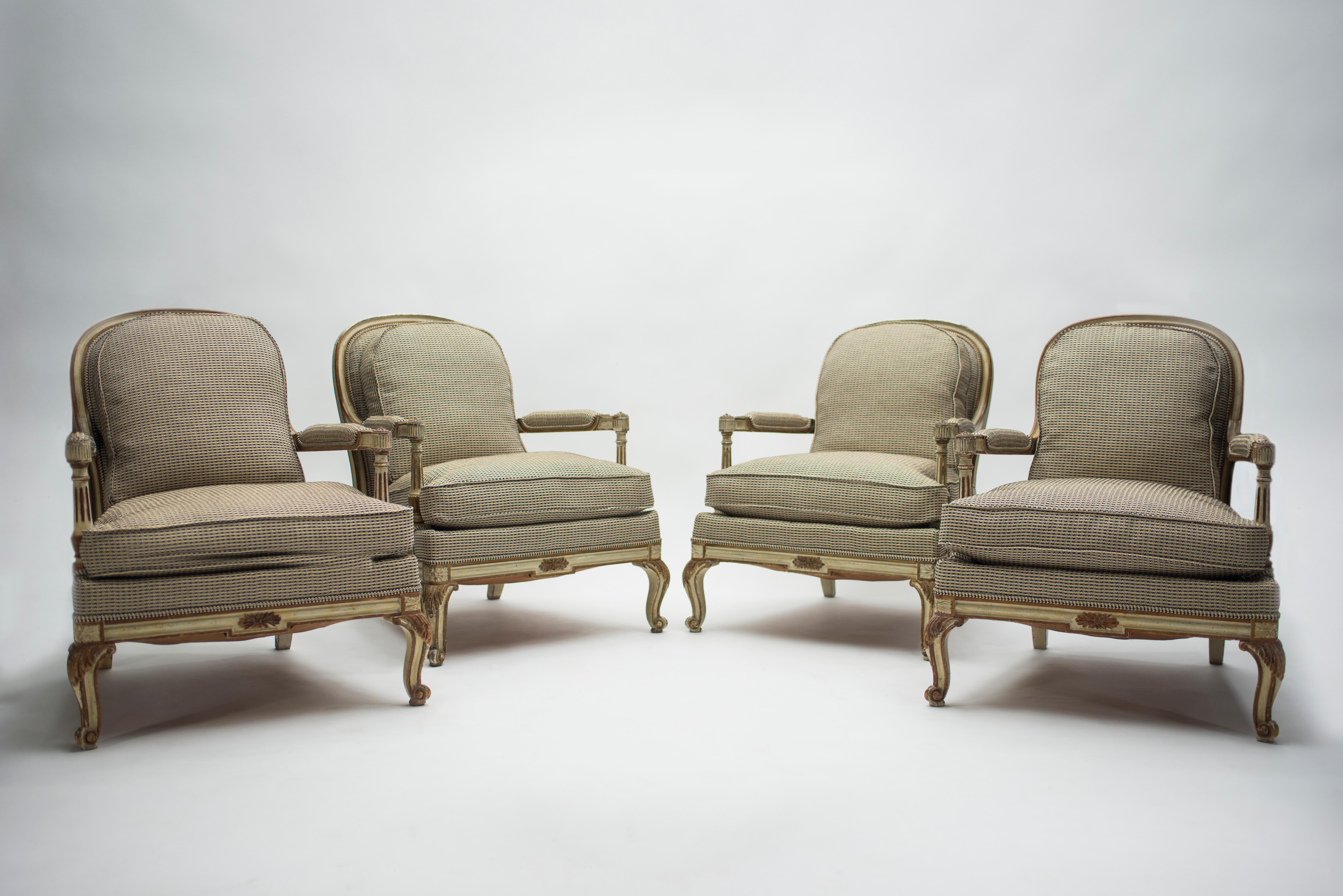 French Rare Neoclassical Set of 4 Armchairs Signed by Maurice Hirsch, 1970s