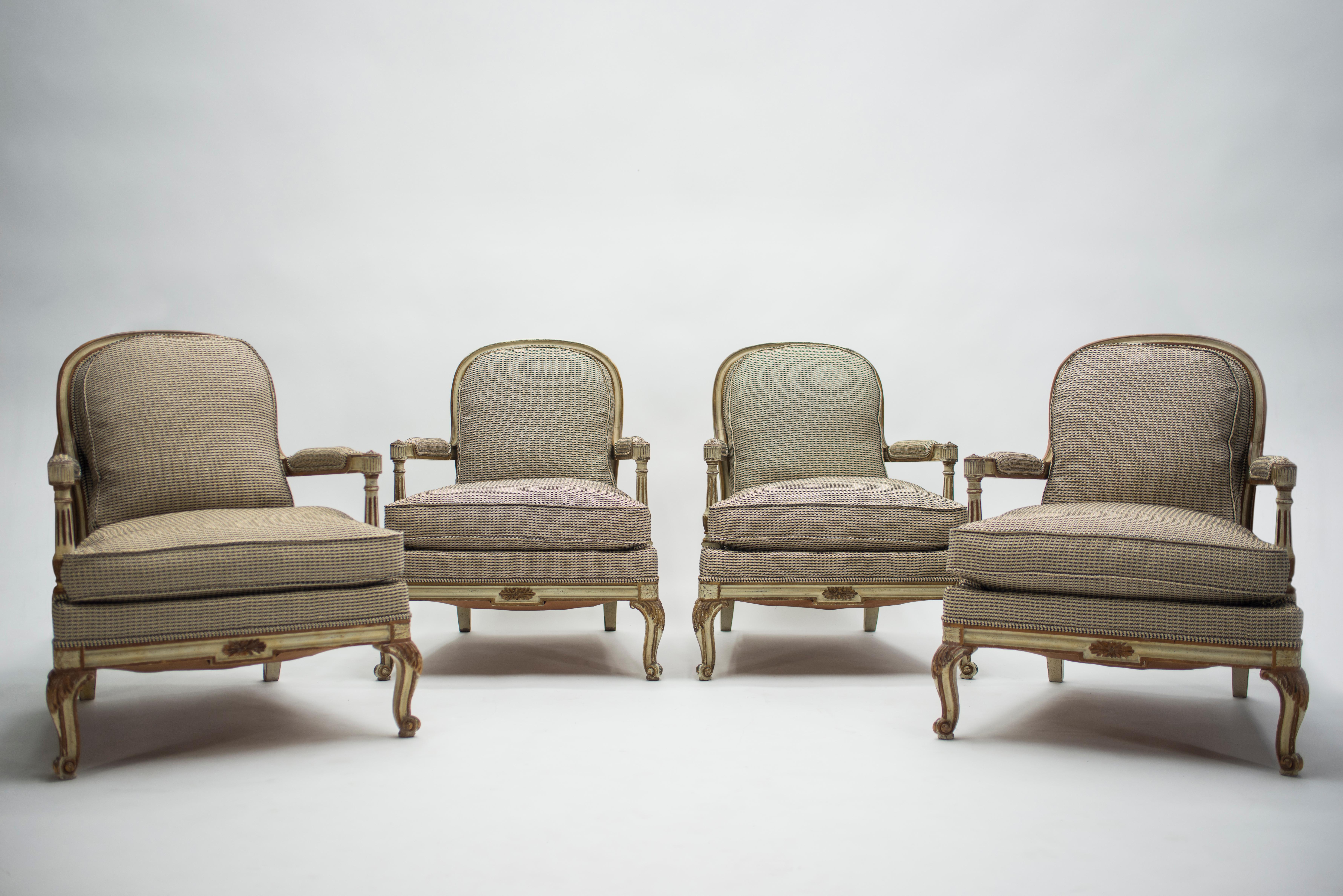 Hand-Painted Rare Neoclassical Set of 4 Armchairs Signed by Maurice Hirsch, 1970s