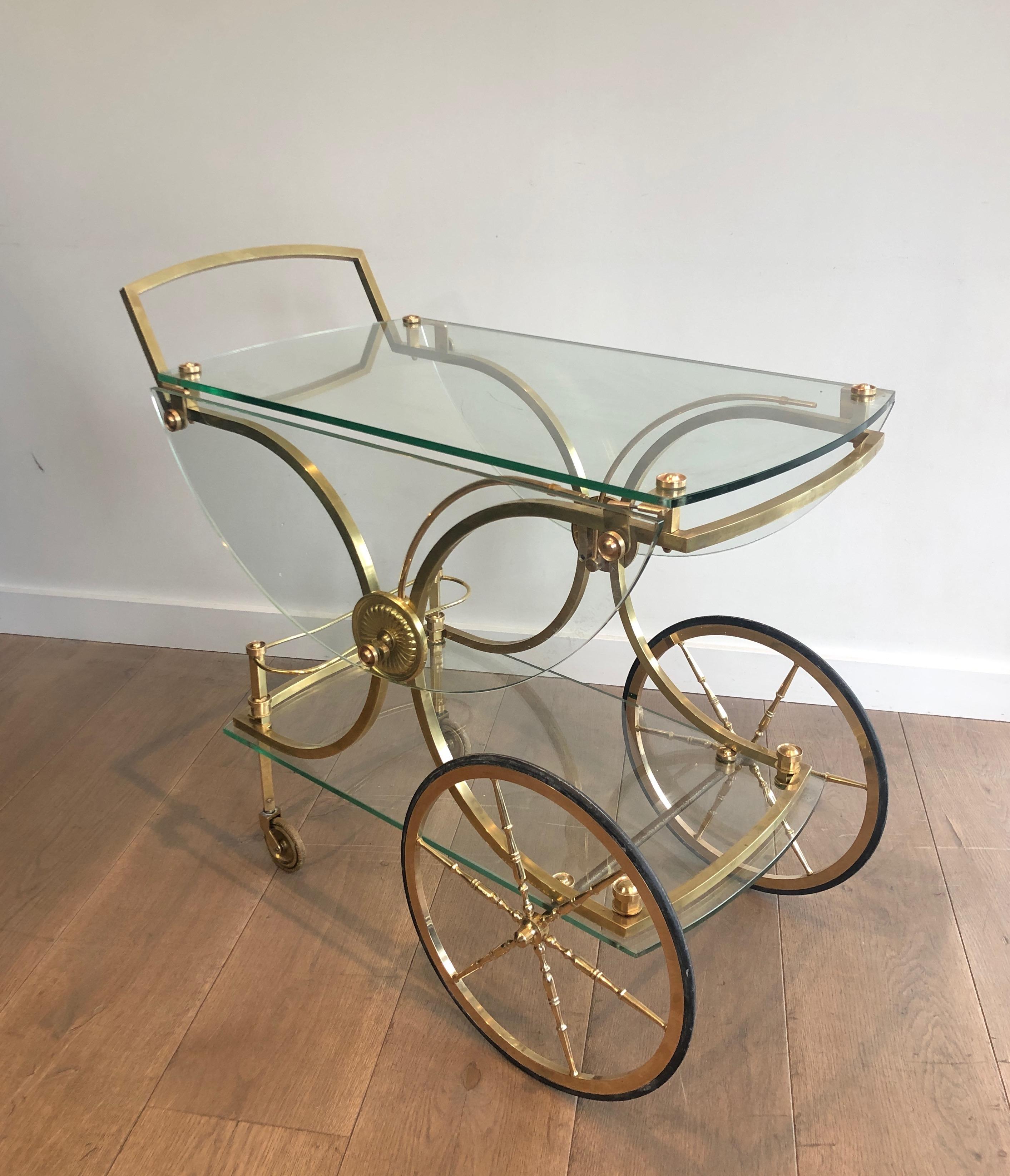 Mid-Century Modern Rare Neoclassical Style Brass and Glass Drinks Trolley by Maison Bagués For Sale