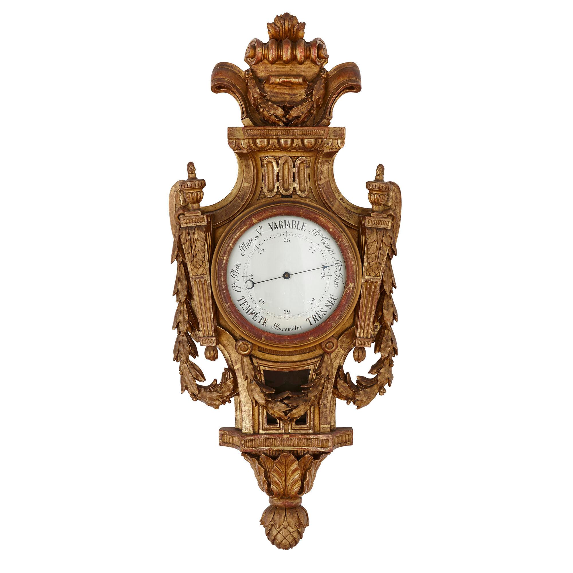Louis XVI Rare Neoclassical Style French Giltwood Clock and Barometer Set For Sale