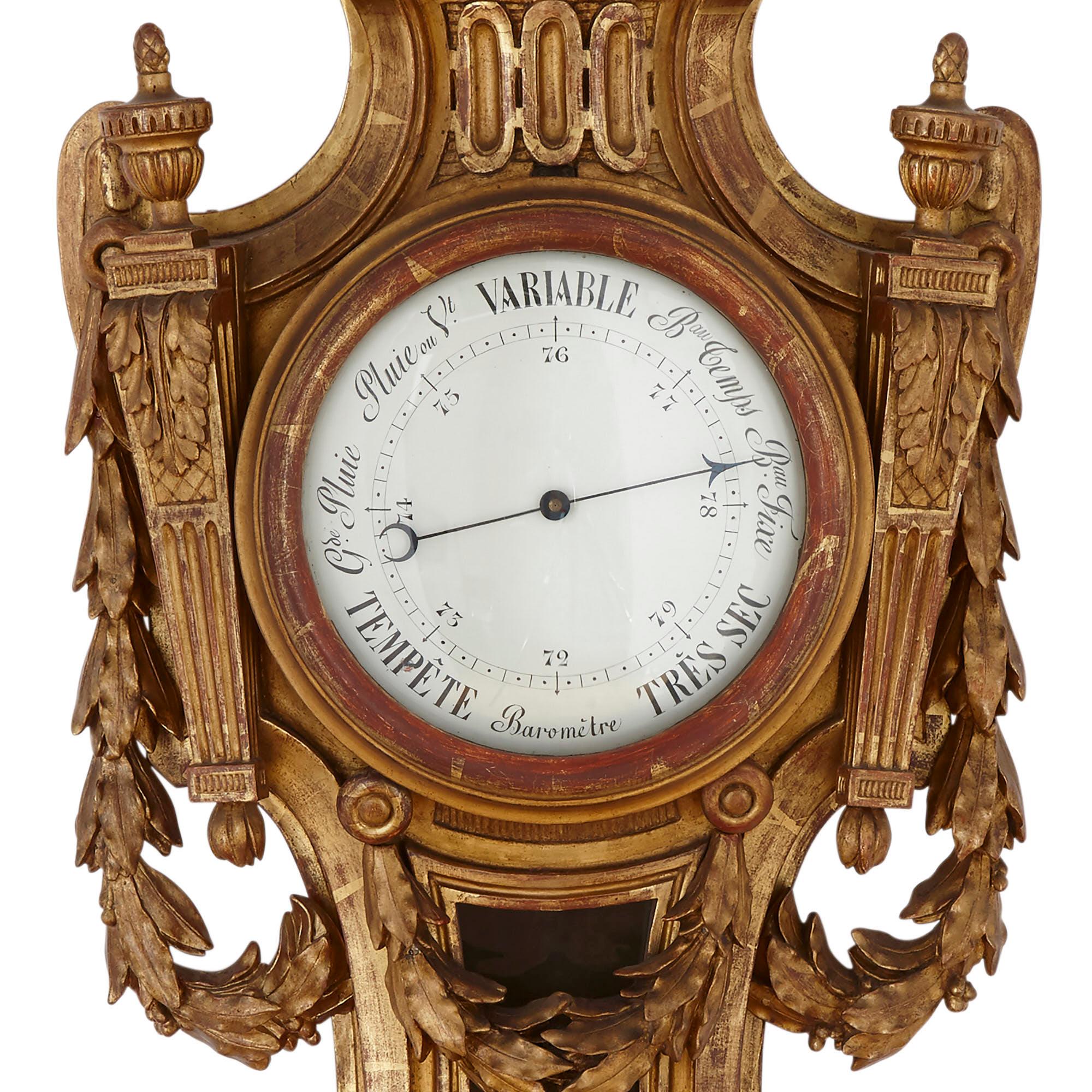 19th Century Rare Neoclassical Style French Giltwood Clock and Barometer Set For Sale