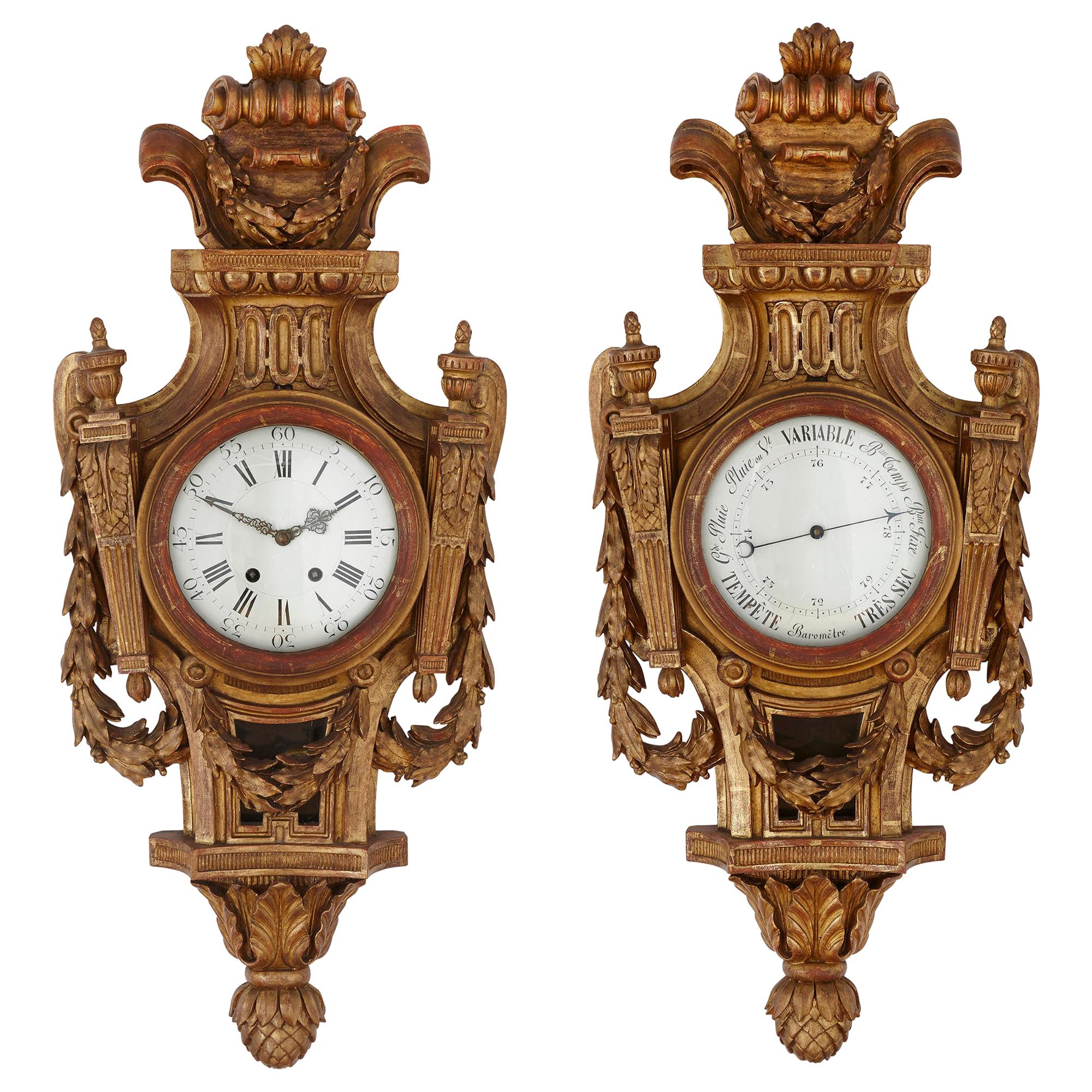 Seltene französische Uhr und Barometer-Set aus vergoldetem Holz im neoklassischen Stil