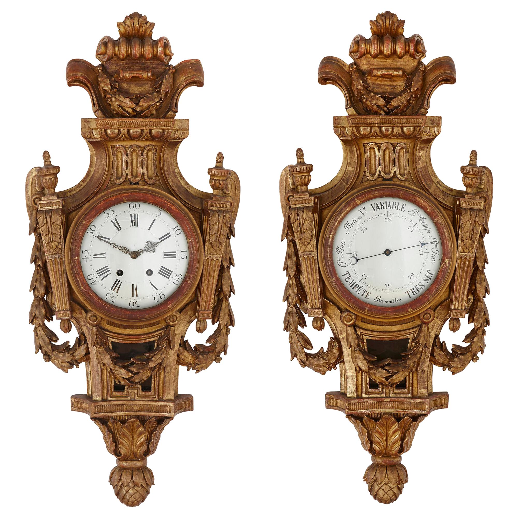 Raro juego de reloj y barómetro de madera dorada francesa de estilo neoclásico