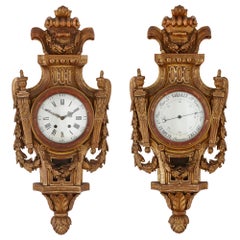 Rare Neoclassical Style French Giltwood Clock and Barometer Set