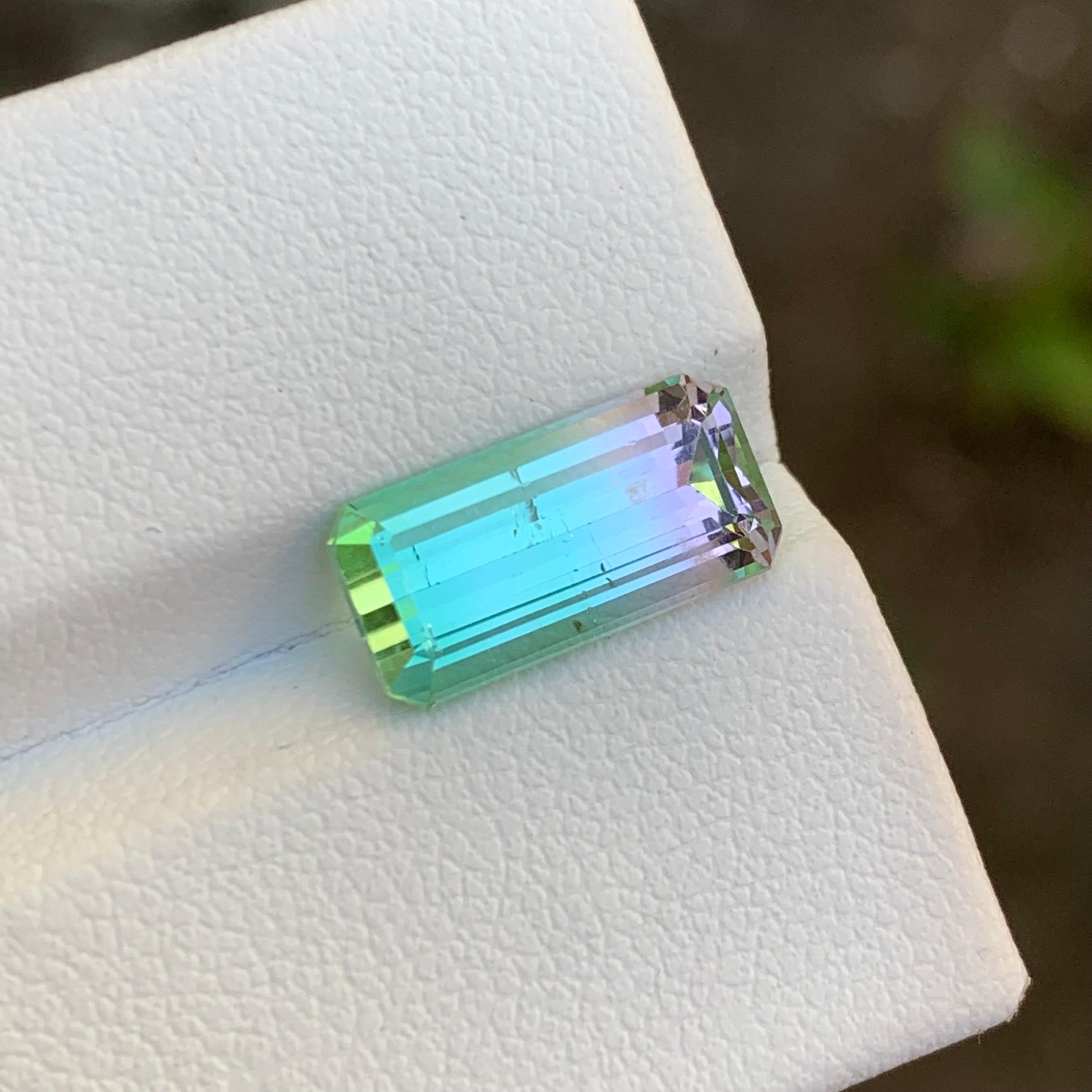 Rare Neon Bluish Green and Pink Bicolor Tourmaline Gemstone, 3.95 Ct Emerald Cut For Sale 2