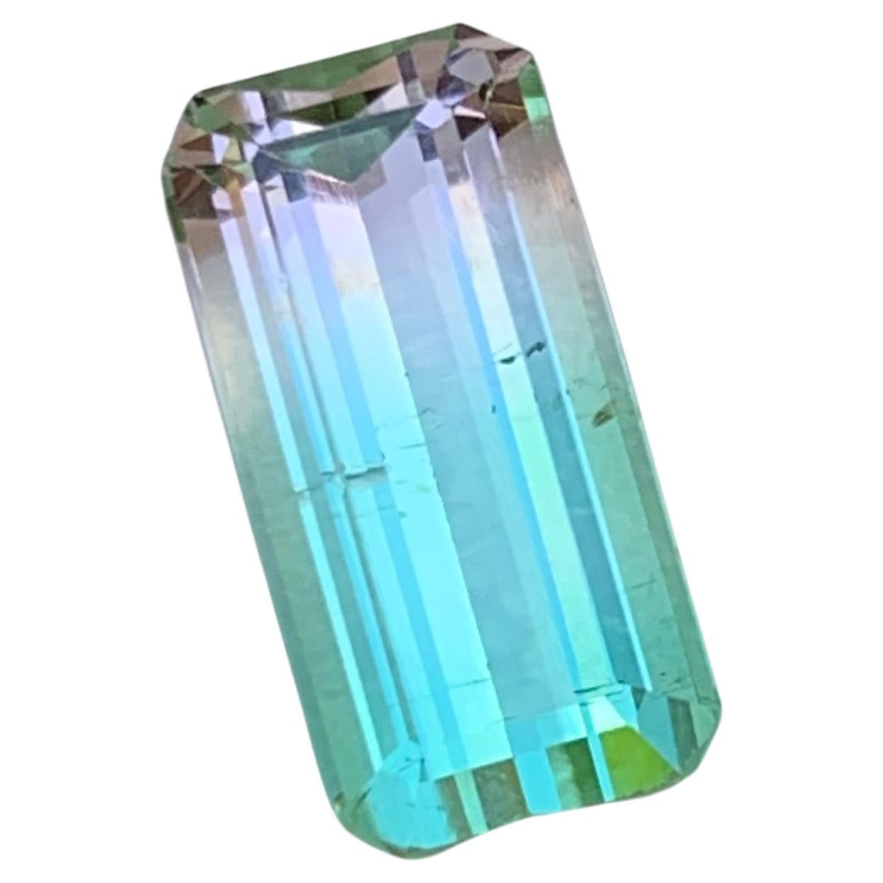 Rare Neon Bluish Green and Pink Bicolor Tourmaline Gemstone, 3.95 Ct Emerald Cut For Sale