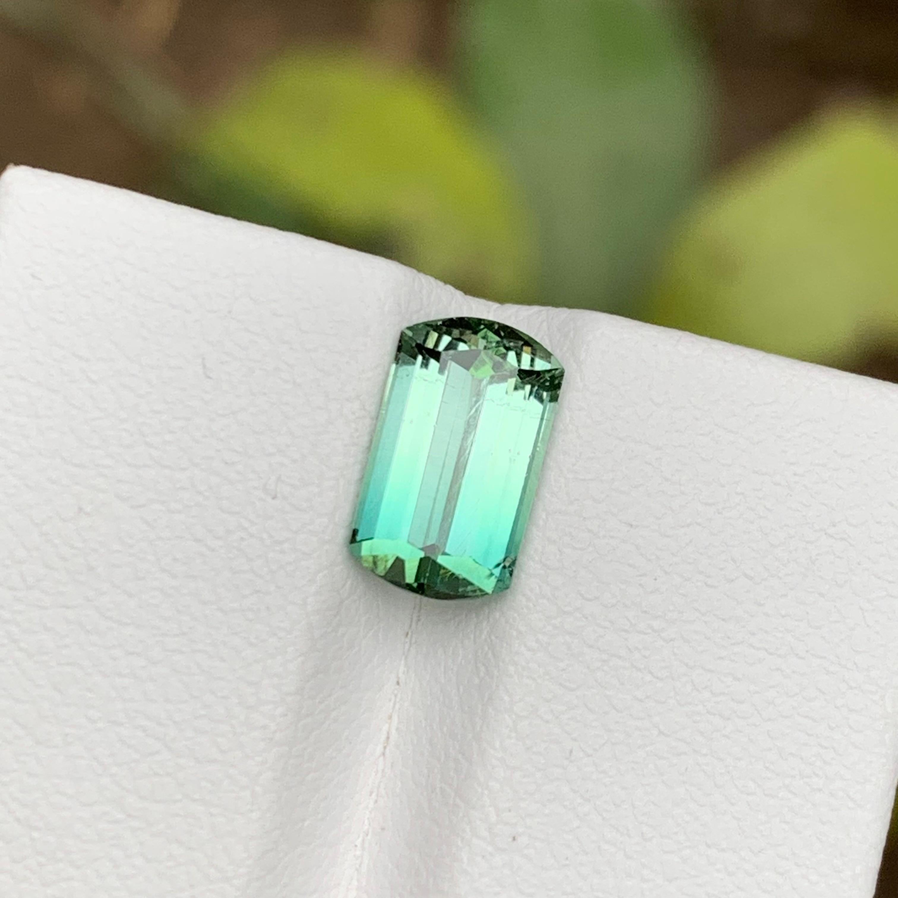 Rare Neon Bluish Green Bicolor Tourmaline Gemstone, 2.5 Ct Modified Emerald Cut For Sale 2