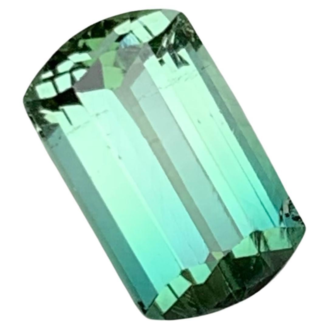 Rare Neon Bluish Green Bicolor Tourmaline Gemstone, 2.5 Ct Modified Emerald Cut For Sale