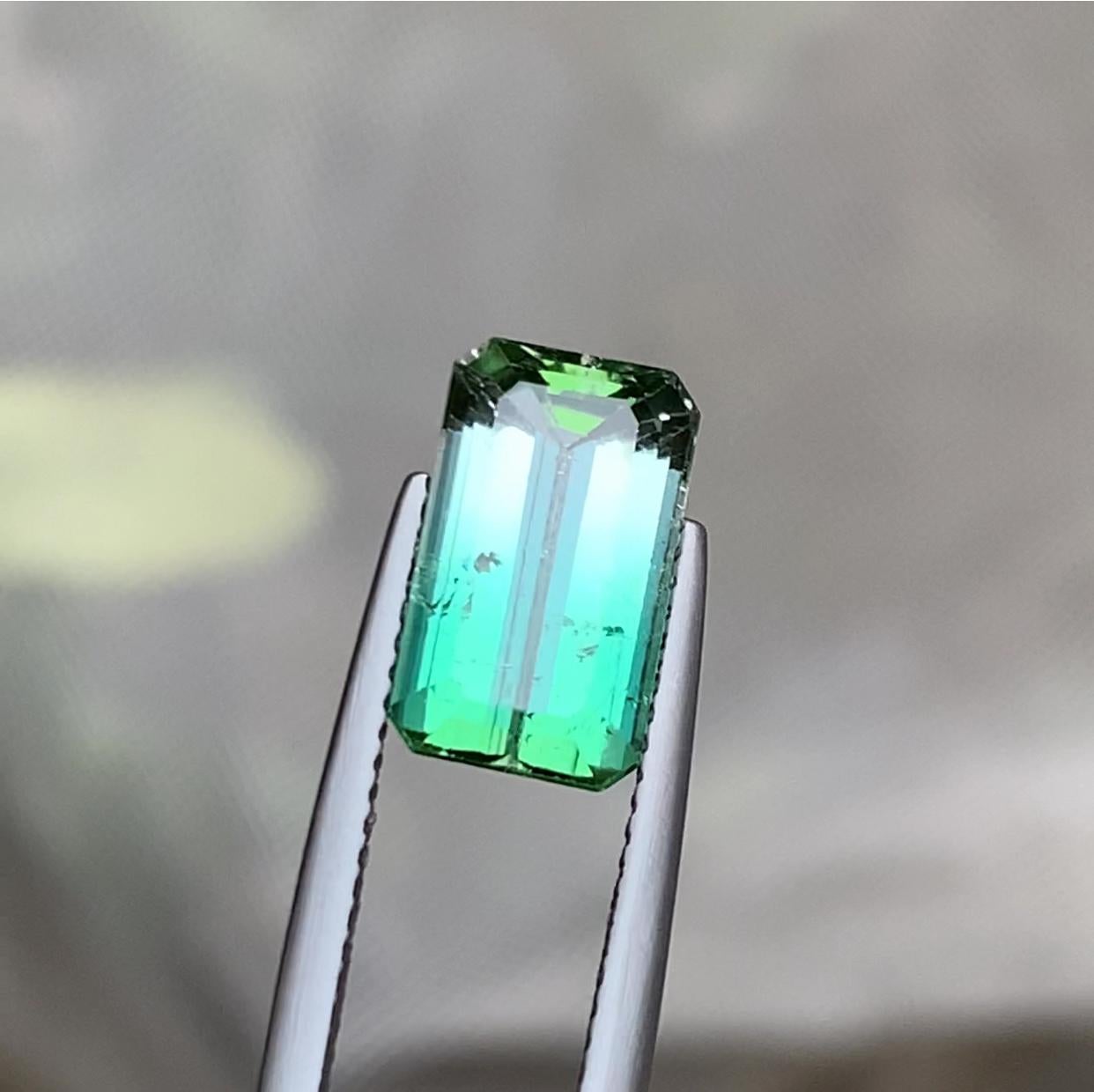 Rare Neon Bluish Green Bicolor Tourmaline Gemstone, 3.95 Ct Step Emerald Cut Afg For Sale 2
