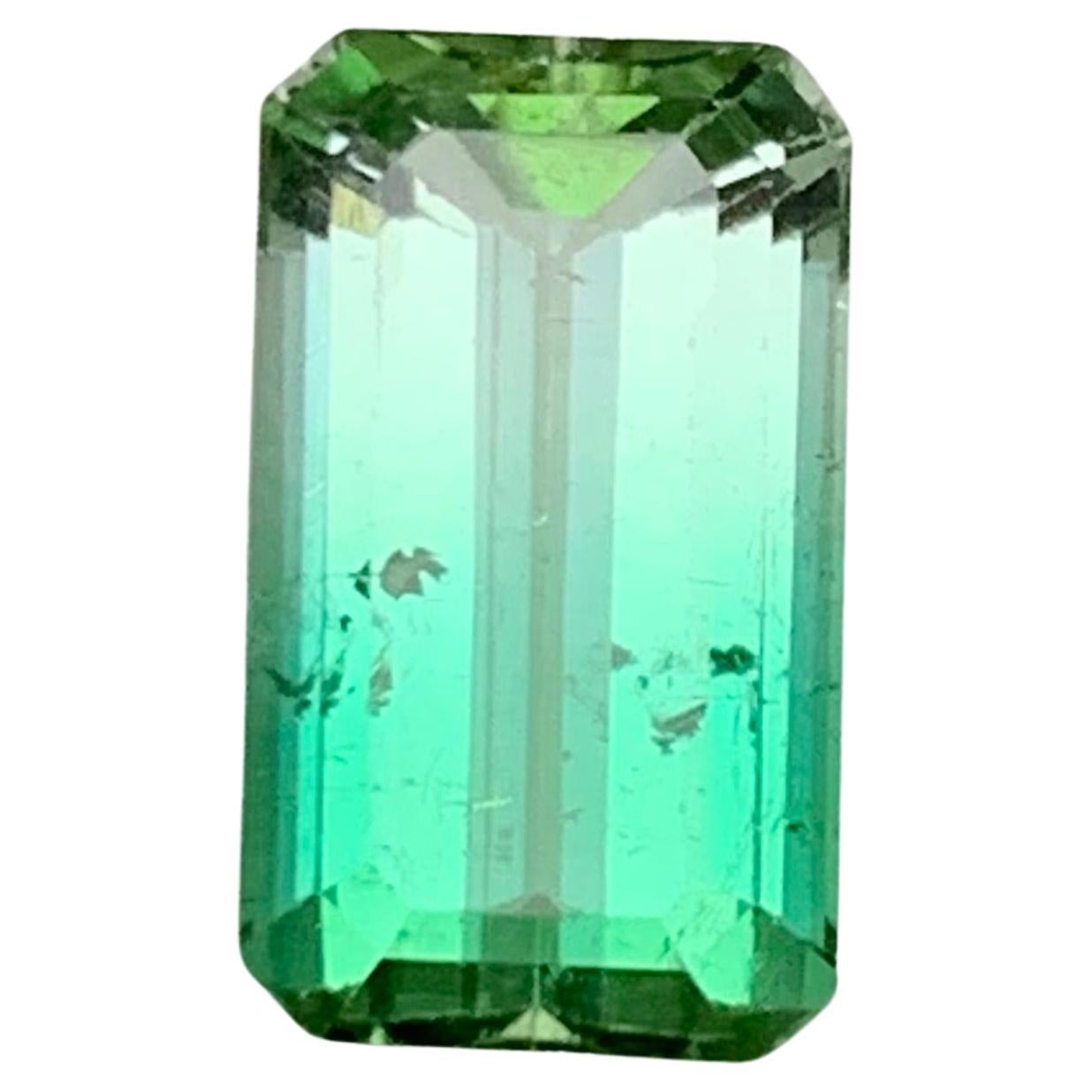 Rare Neon Bluish Green Bicolor Tourmaline Gemstone, 3.95 Ct Step Emerald Cut Afg For Sale