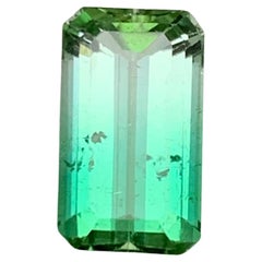 Rare Neon Bluish Green Bicolor Tourmaline Gemstone, 3.95 Ct Step Emerald Cut Afg