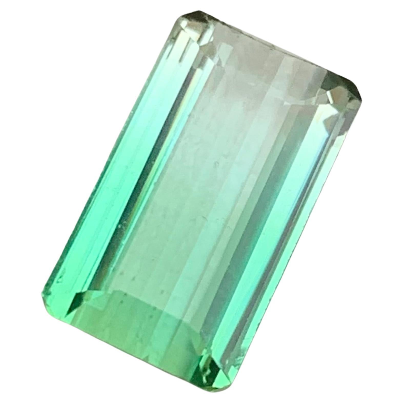 Rare Neon Bluish Green Bicolor Tourmaline Gemstone, 5.85 Ct Emerald Cut-Jewelry  For Sale