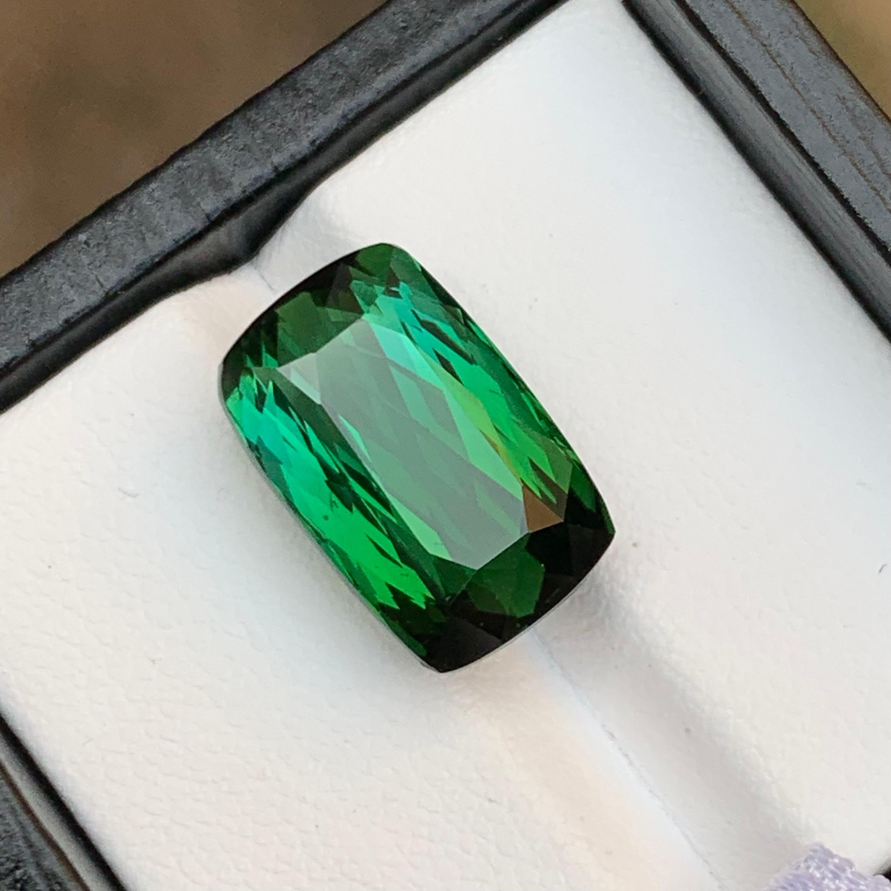 Gemstone Type: Tourmaline
Weight: 12.65 Carats
Dimensions: 15.53 x 9.98 x 8.86 mm
Color: Neon Green Bicolor
Clarity: 98% Eye Clean
Treatment: Untreated 
Origin: Afghanistan
Certificate: On demand 

This stunning fancy Cushion cut Neon Green Bicolor