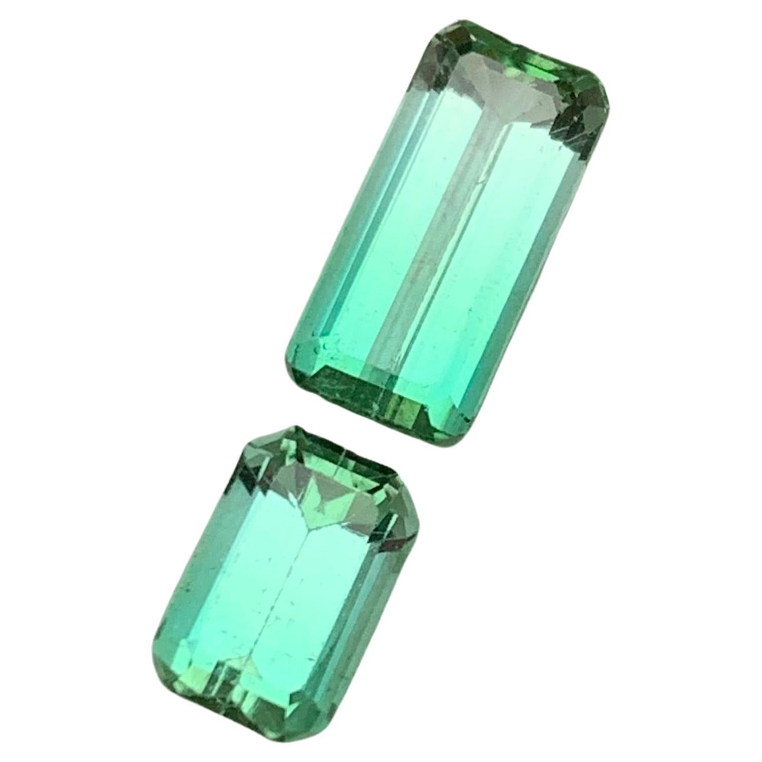 Rare Neon Bluish Green Tourmaline Gemstones, 3.55 Ct Emerald Cut for Jewelry Set For Sale