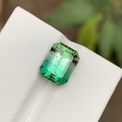 Rare Neon Bluish Green-White Bicolor Tourmaline Gemstone, 5.40 Carat Emerald Cut