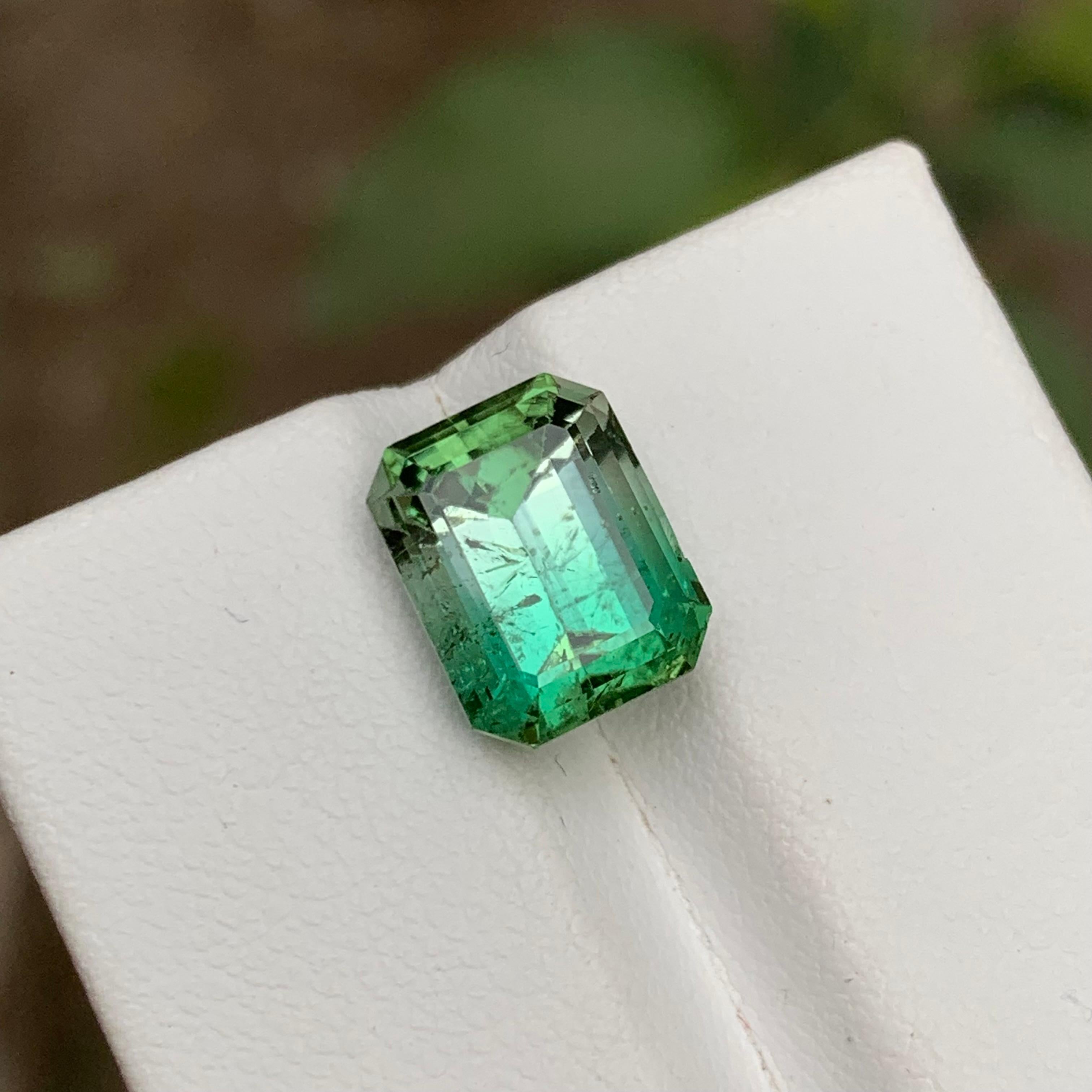 Contemporary Rare Neon Bluish Green-White Bicolor Tourmaline Gemstone, 5.40 Carat Emerald Cut For Sale