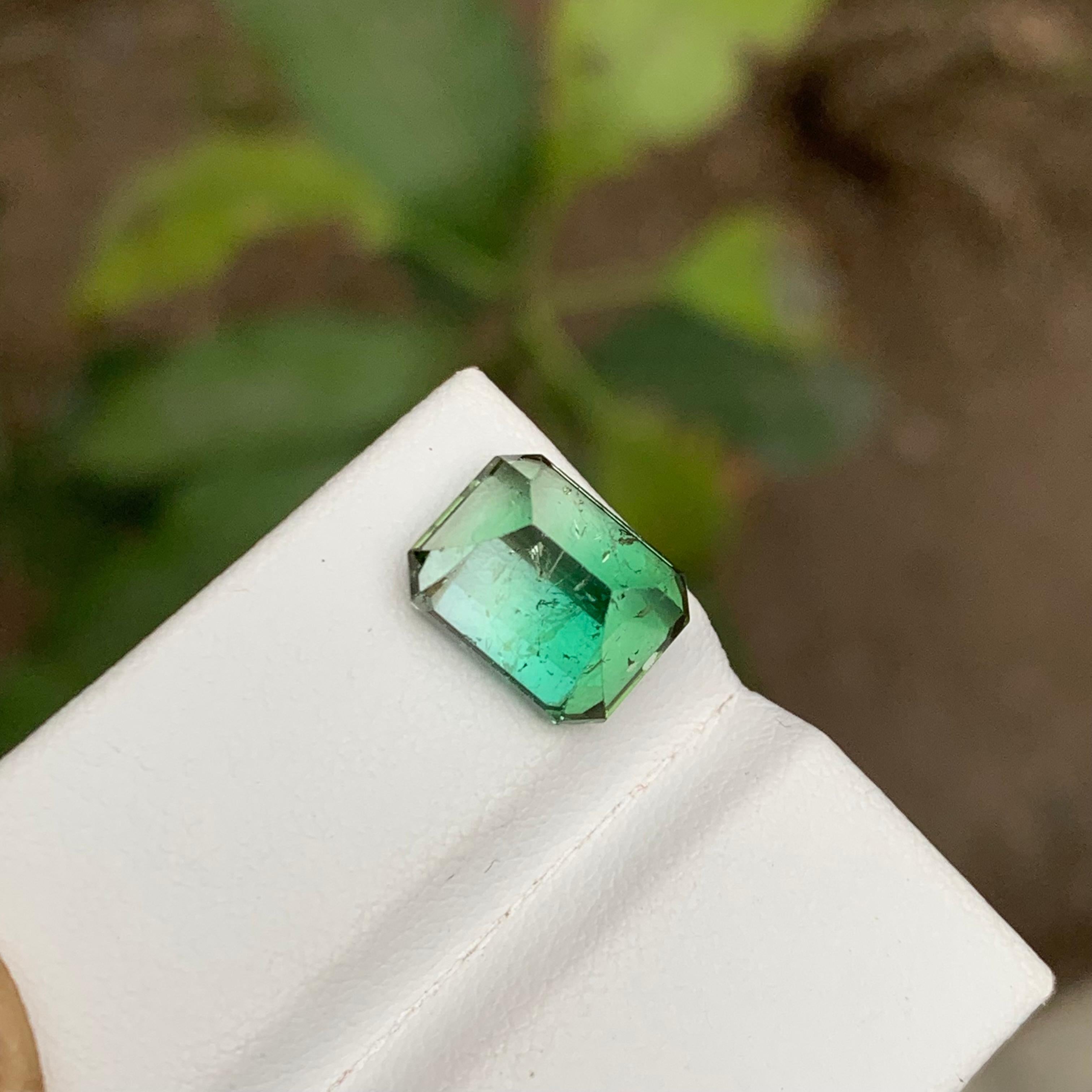 Women's or Men's Rare Neon Bluish Green-White Bicolor Tourmaline Gemstone, 5.40 Carat Emerald Cut For Sale
