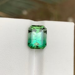 Rare Neon Bluish Green-White Bicolor Tourmaline Gemstone, 5.40 Carat Emerald Cut
