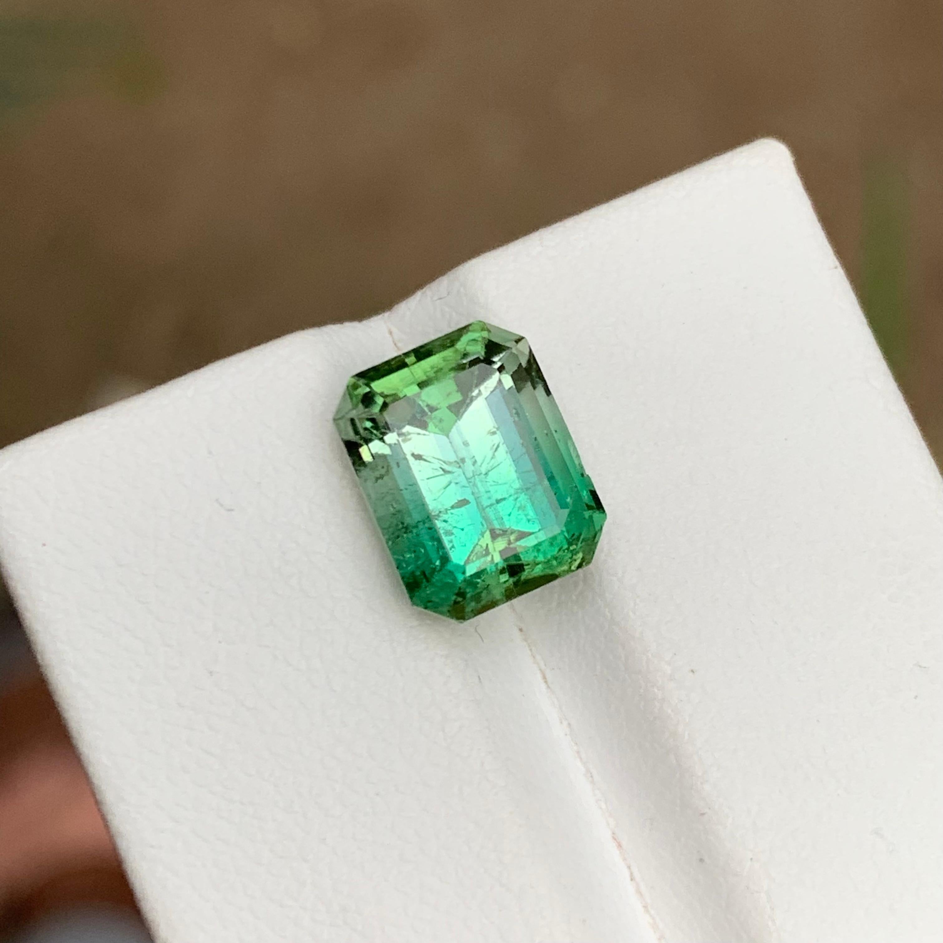 Rare Neon Bluish Green-White Bicolor Tourmaline Gemstone, 5.40 Carat Emerald Cut For Sale 3