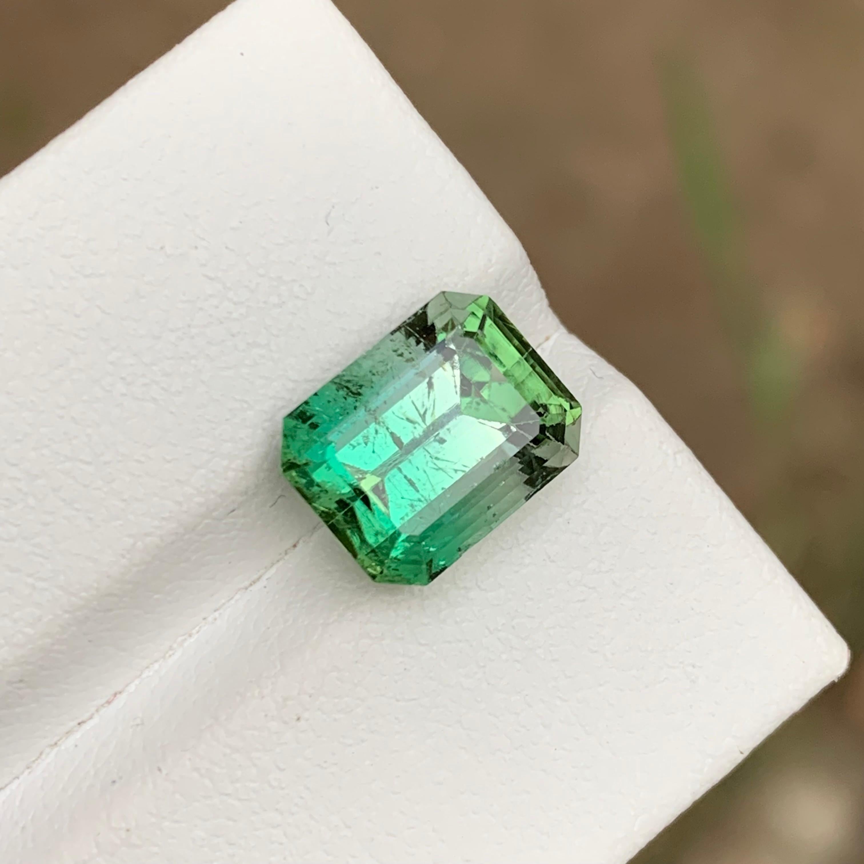 Rare Neon Bluish Green-White Bicolor Tourmaline Gemstone, 5.40 Carat Emerald Cut For Sale 4