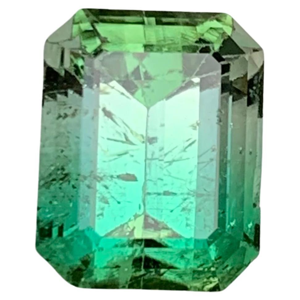 Rare Neon Bluish Green-White Bicolor Tourmaline Gemstone, 5.40 Carat Emerald Cut For Sale
