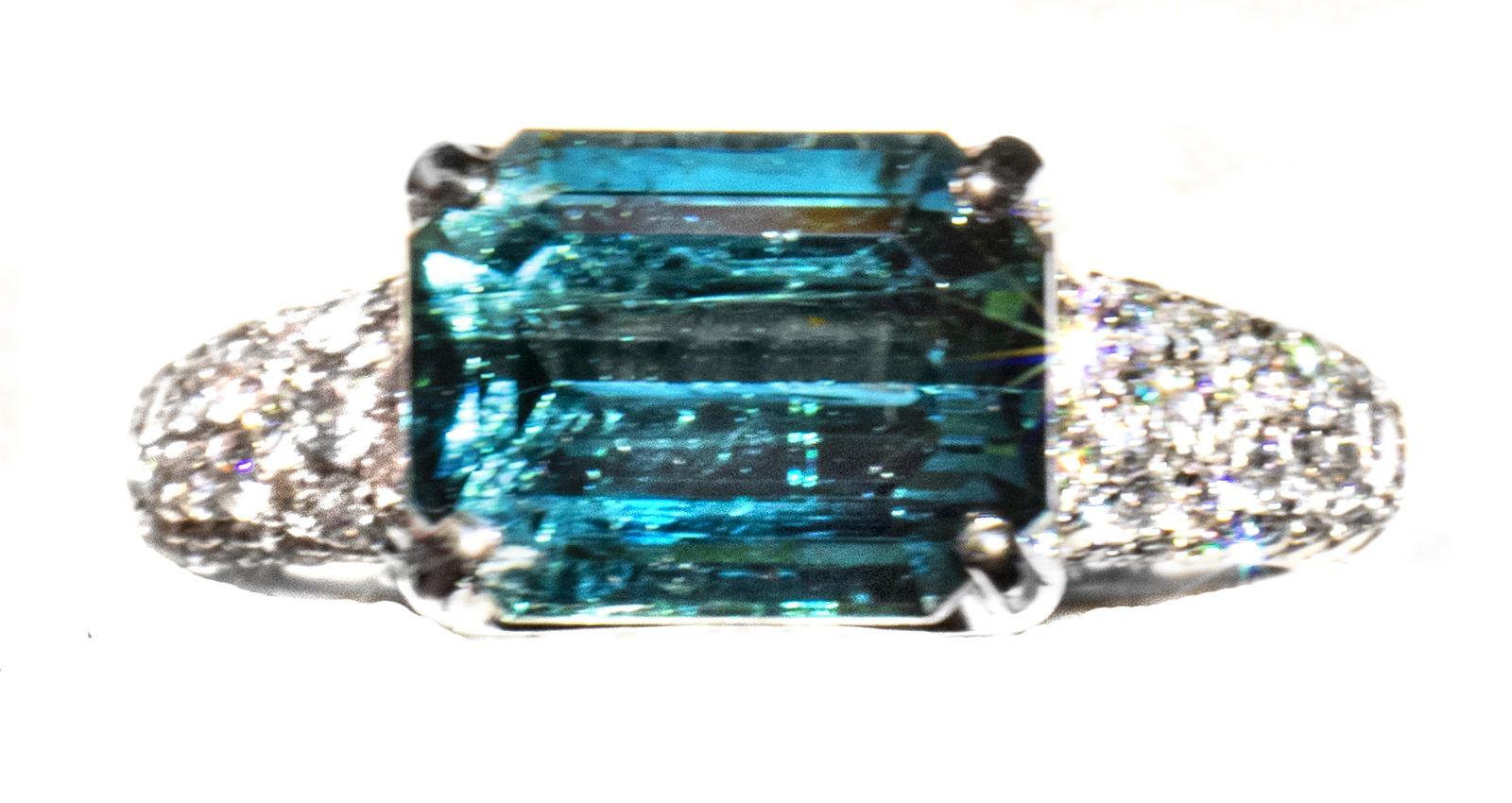 Emerald Cut Rare Neon Teal Tourmaline & Diamond Ring