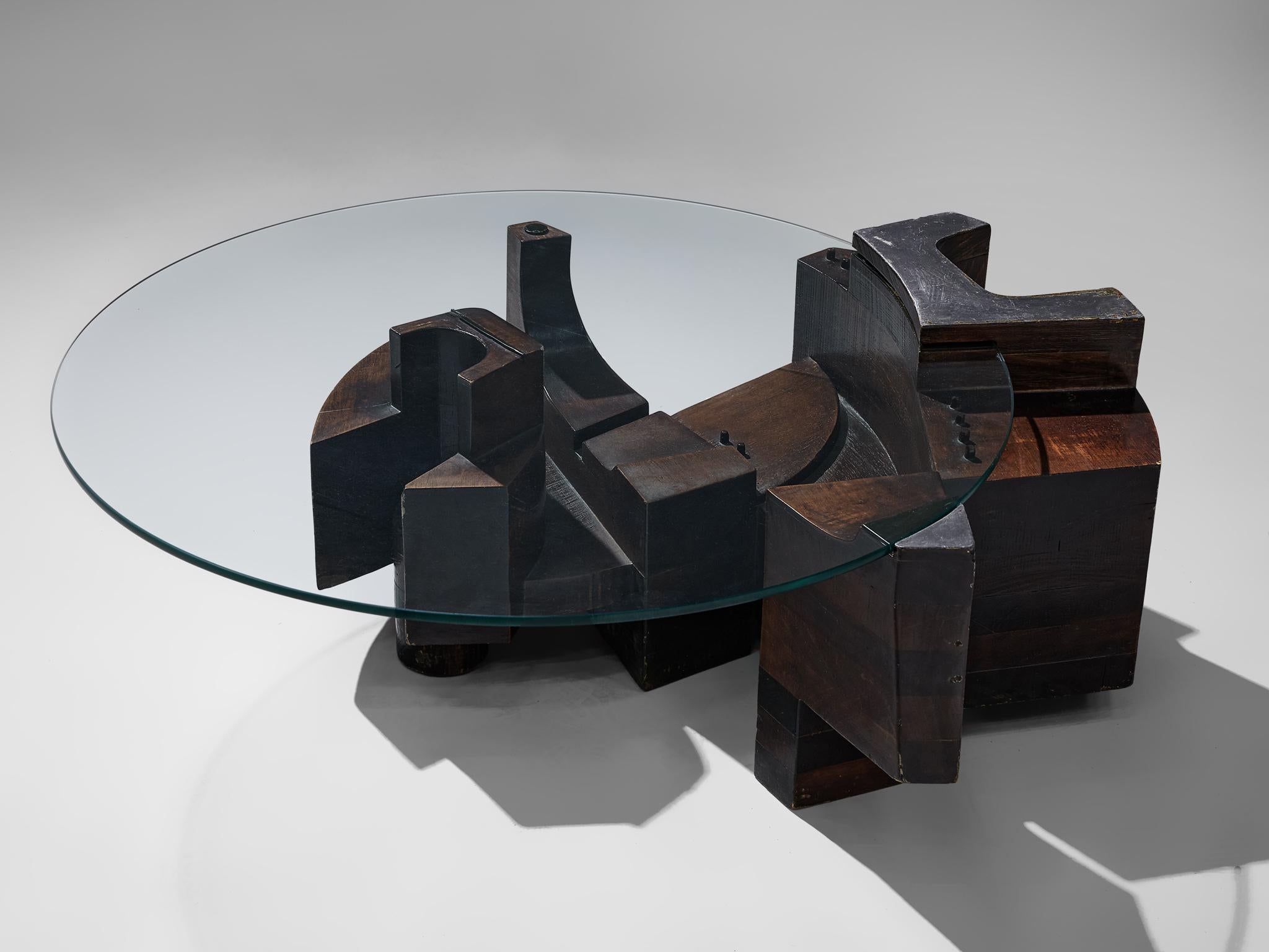 Nerone & Patuzzi for Gruppo NP2, coffee table, limited edition 120/200, wood, glass, iron, Italy, circa 1972 

Designed by the Italian duo Nerone and Patuzzi, this unique coffee table is certainly a work of art in its own right. The base consists of