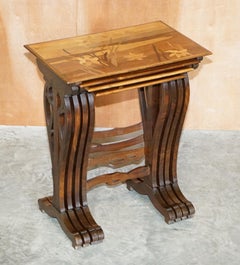 Rare Nest of Four Emile Galle Specimen Wood Tables Art Nouveau Cats Burr Walnut