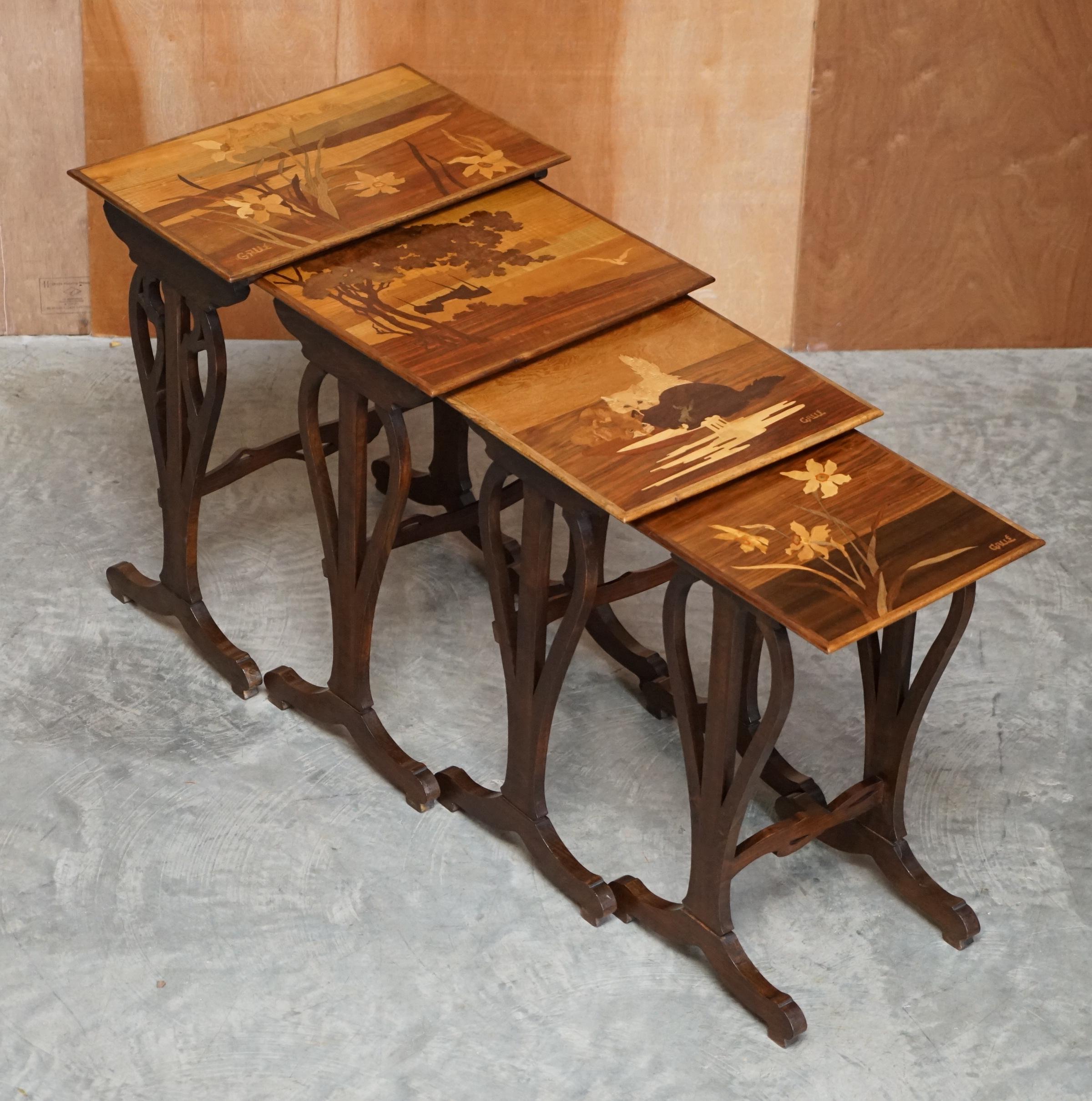Early 20th Century Rare Nest of Four Emile Galle Specimen Wood Tables Art Nouveau Cats Burr Walnut