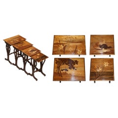 Rare Nest of Four Emile Galle Specimen Wood Tables Art Nouveau Cats Burr Walnut
