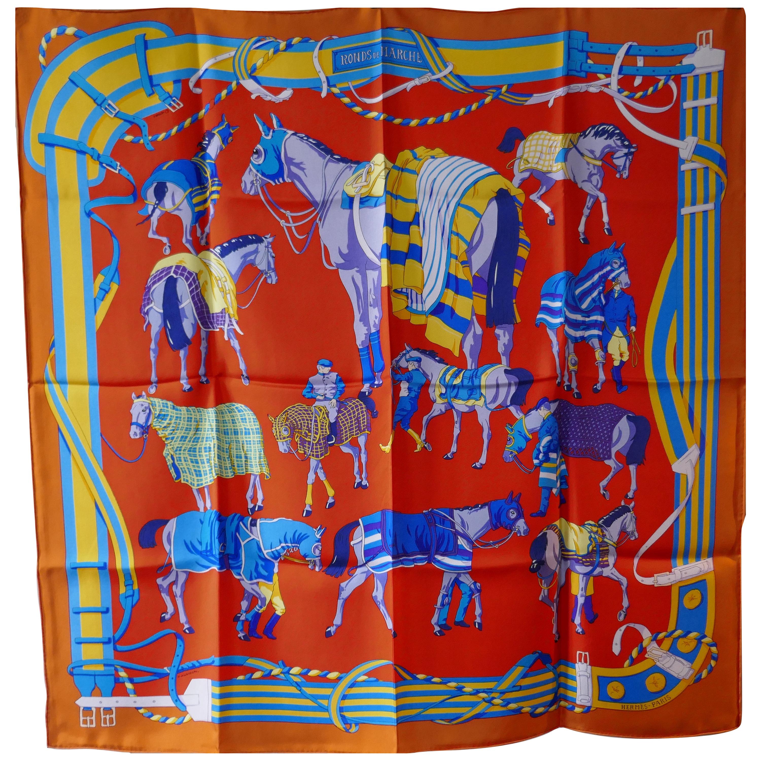 Rare New Hermes 100% Silk Scarf “Ronds de Marche” by Hubert de Watrigant For Sale