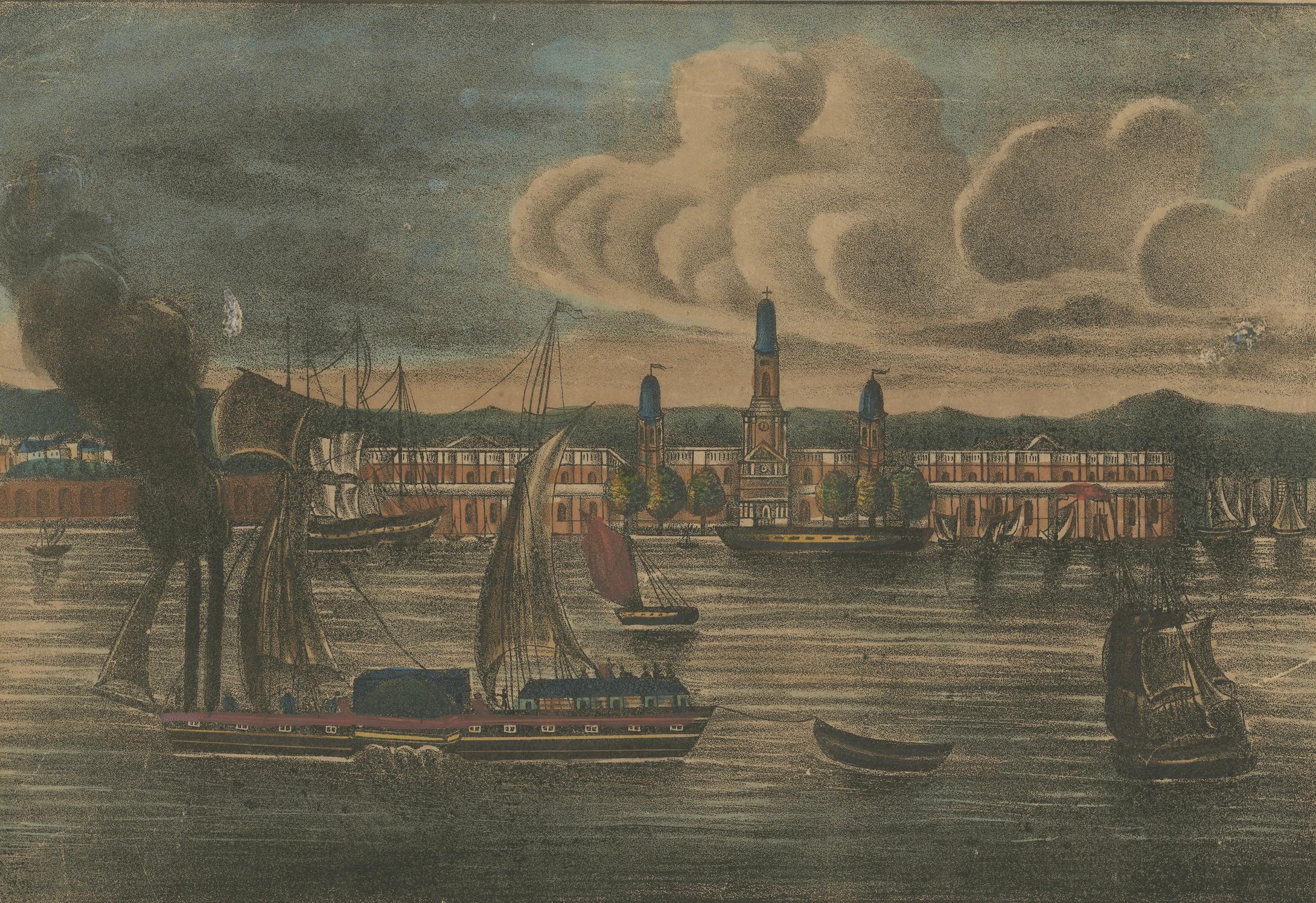 Rare New Orleans View - Antique Dutch Lithograph of Nieuw-Orleans, c.1830 État moyen - En vente à Langweer, NL