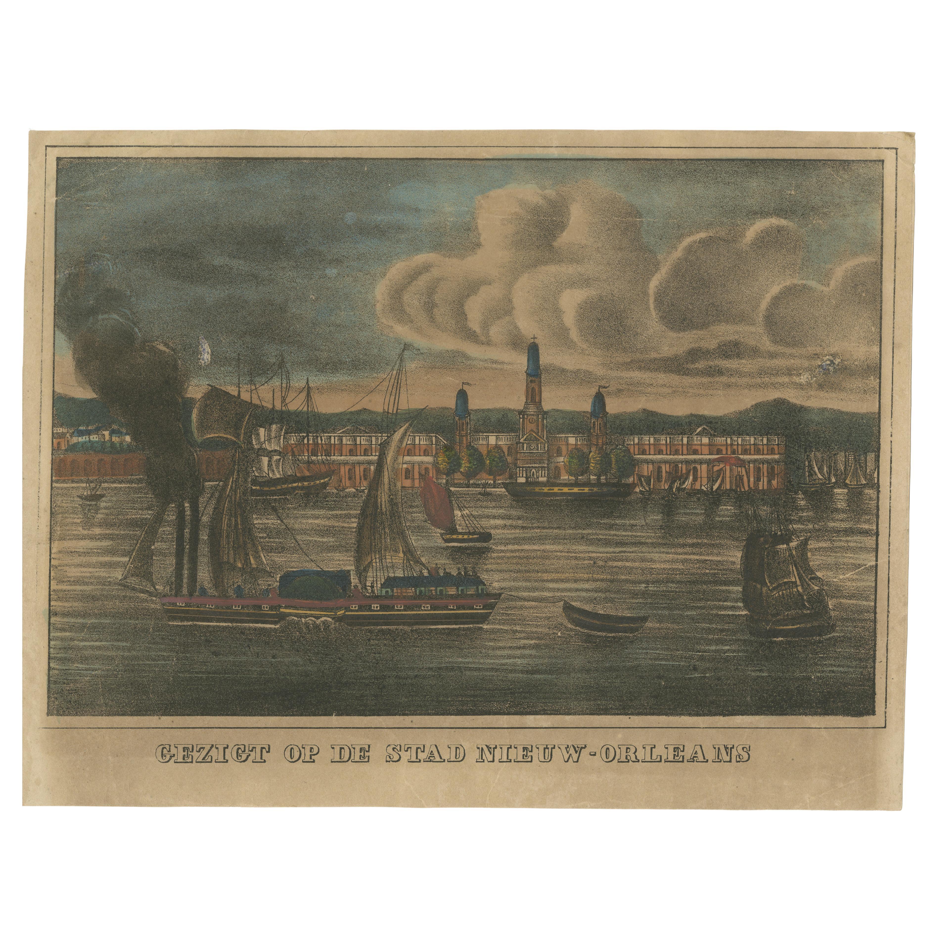 Rare New Orleans View - Antique Dutch Lithograph of Nieuw-Orleans, c.1830 en vente