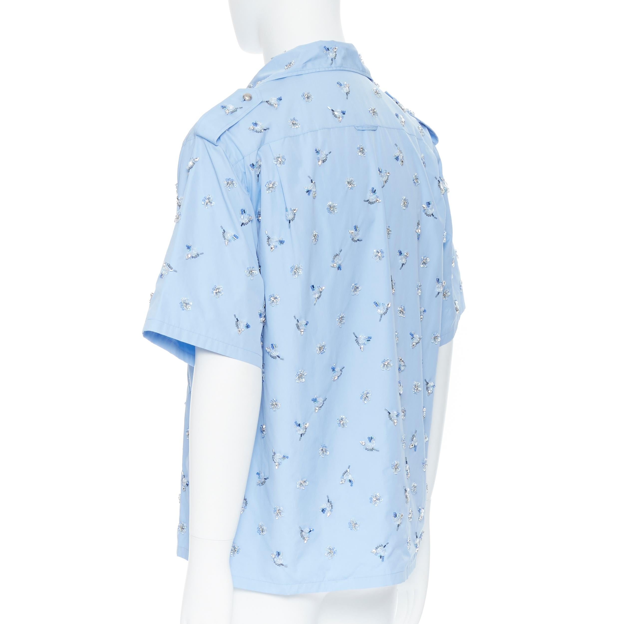 De los hombres raro nuevo PRADA 2019 Pasarela azul cristal adornado con cuentas militar boxy camisa M