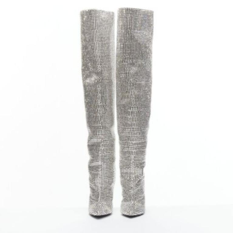 Gris Bottes rares neuves SAINT LAURENT Runway Niki 105 incrustées de cristaux Swarovski EU36 en vente